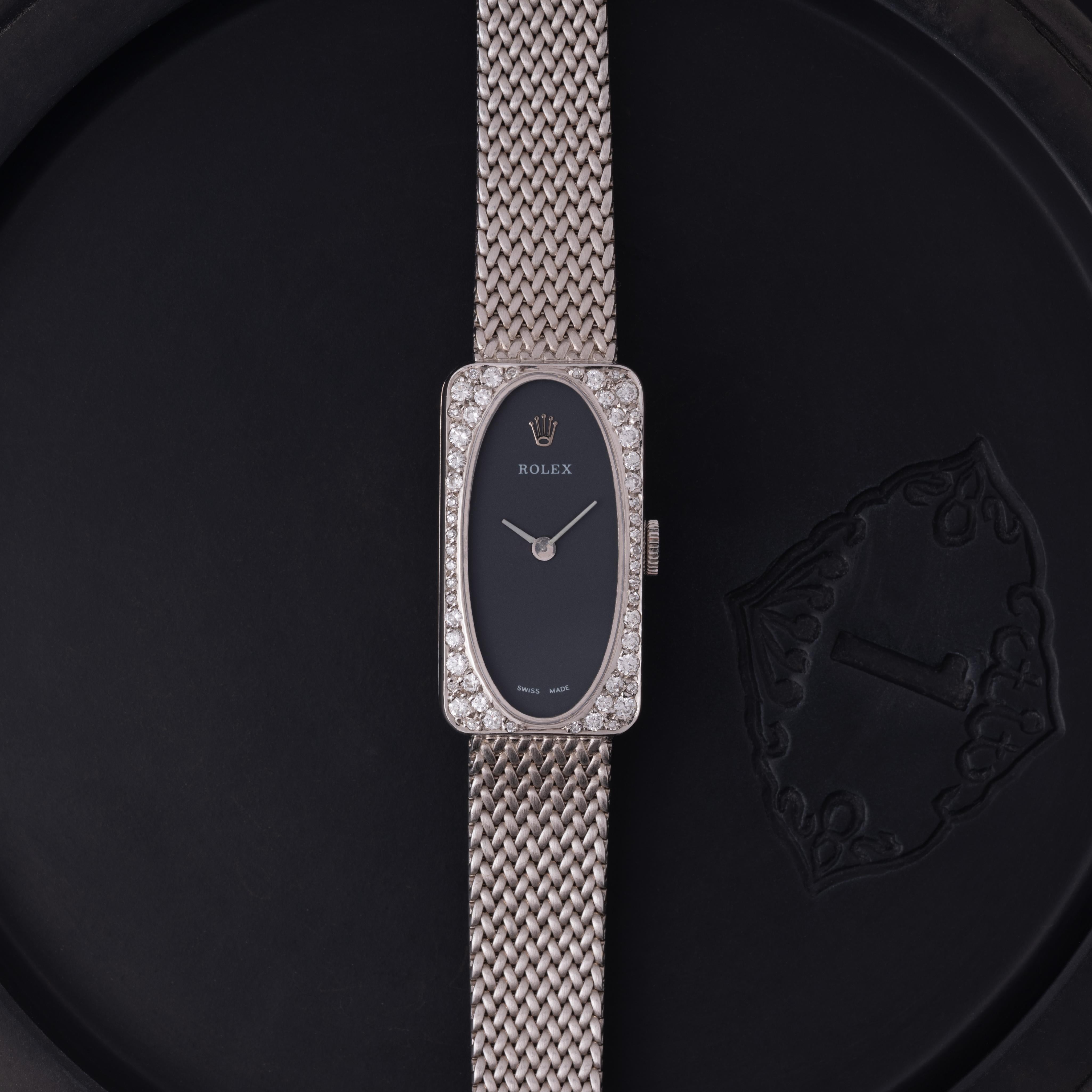Modernist Vintage Rolex Model N371 18 Karat White Gold and Pave Diamond Cocktail Watch For Sale
