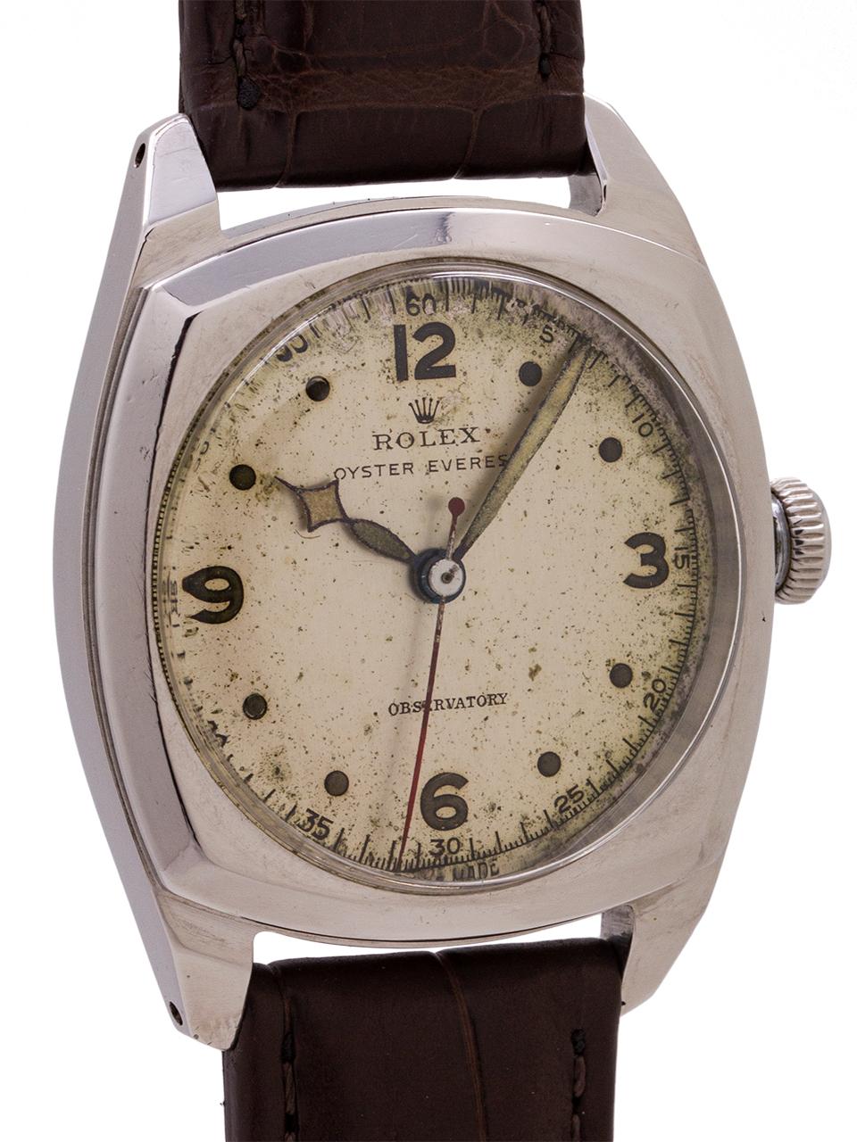 
Scarce model vintage Rolex Oyster Everest Observatory model ref 4647 circa 1940’s. Featuring a 30 x 35mm thick cushion shaped Oyster case with side flat bezel with sloped sides, heavy faceted lugs, and screw down case back and period screw down