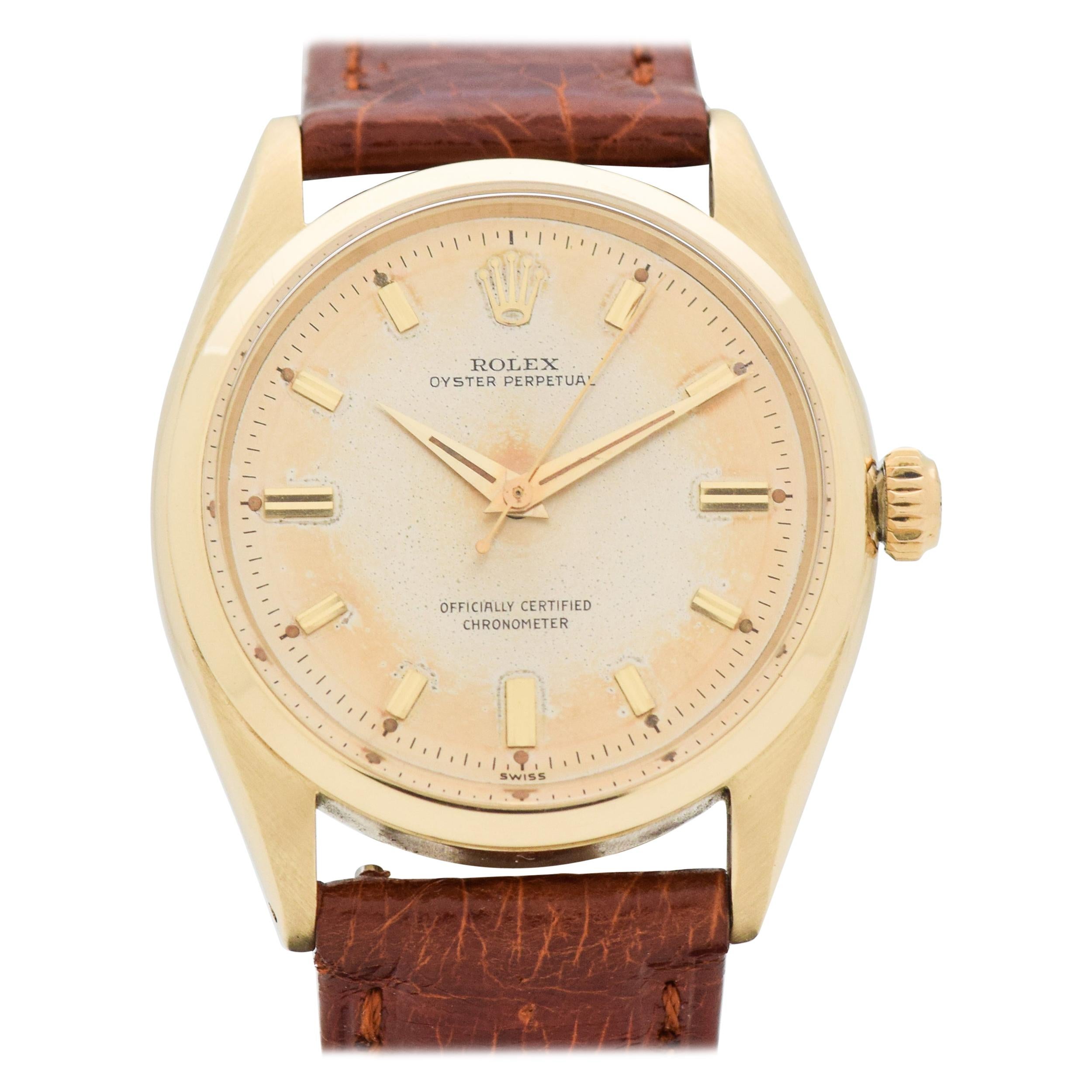 Vintage Rolex Oyster Perpetual 14 Karat Yellow Gold Watch, 1955 For Sale