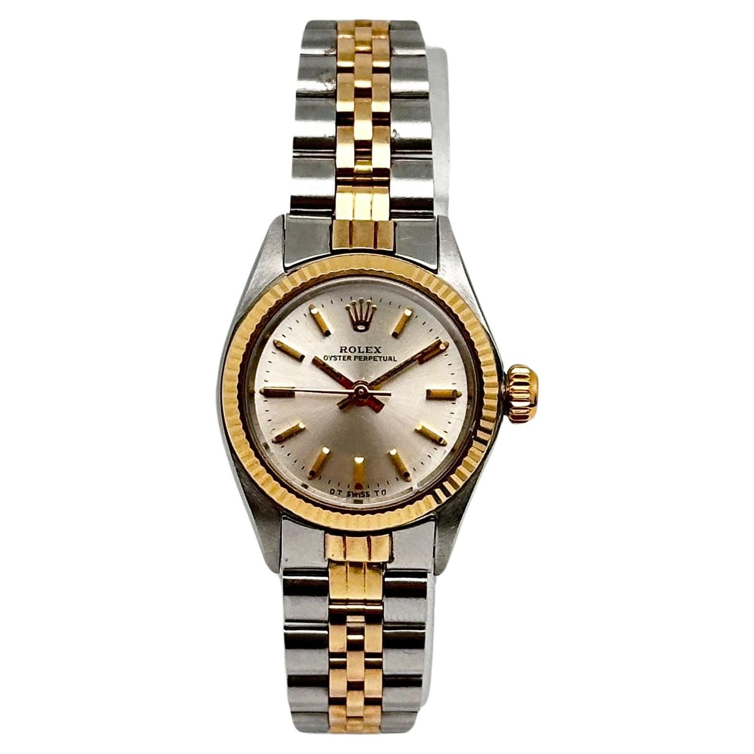 Vintage Rolex Oyster Perpetual 14K Gold Steel Silver Dial Ladies Watch 6619