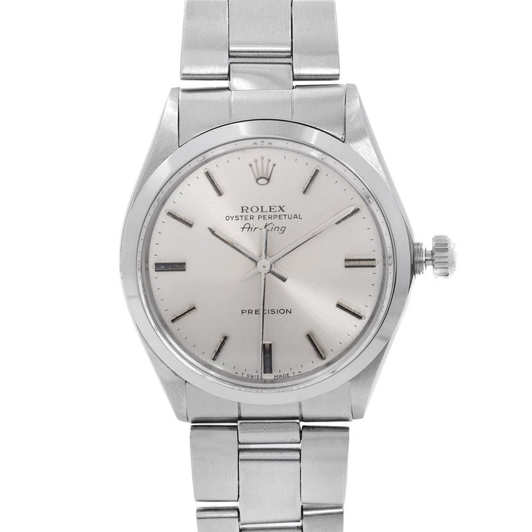 Pre-owned Vintage Rolex Oyster Perpetual Air-King 34mm Silver Dial Men's Watch 5500. The Bracelet Shows Minor Slack and has links missing, fits 5,75 inches wrist, Some Dirt on the Index Hour Markers, Minor Yellowing on the Luminous Hands, Micro