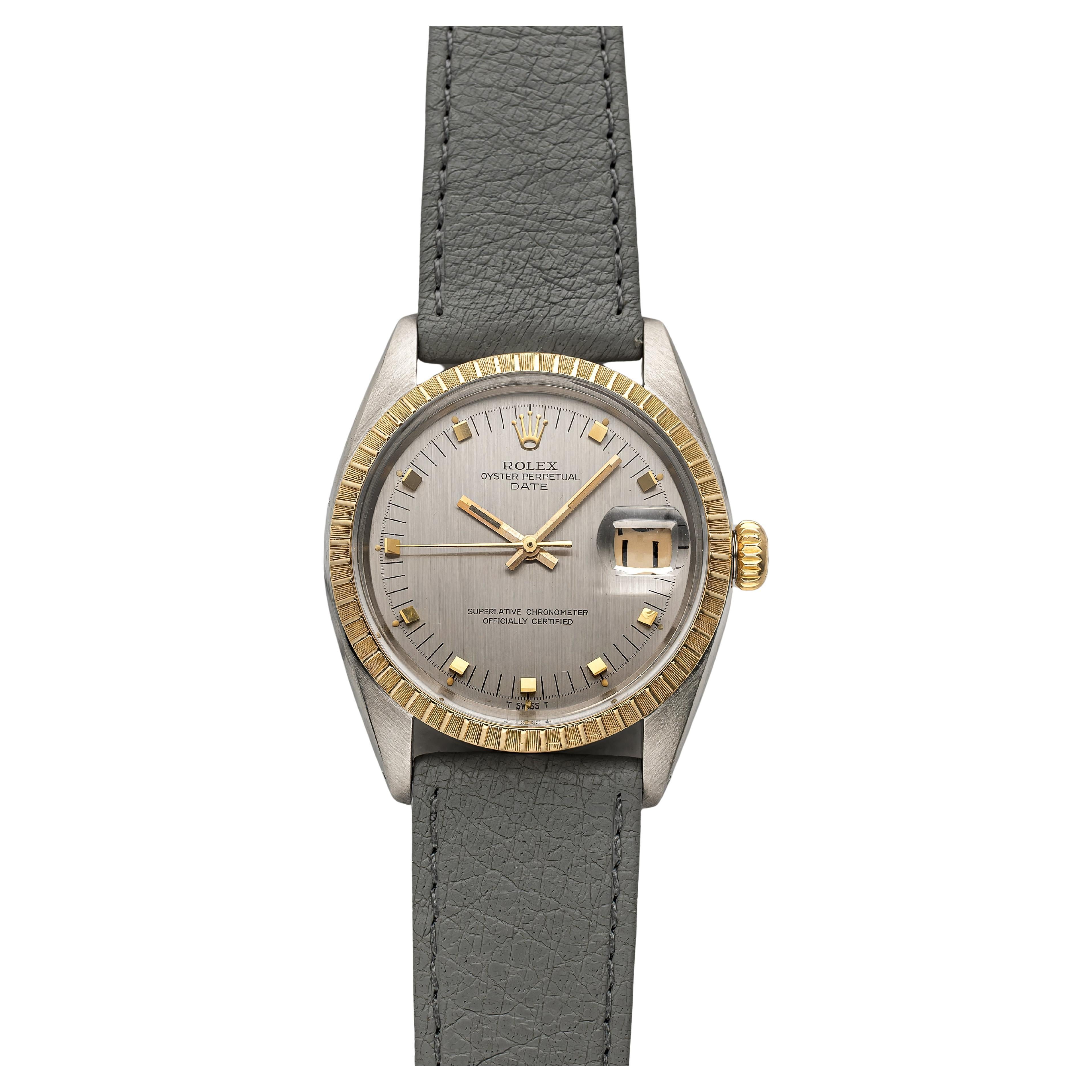 Vintage Rolex Oyster Perpetual Date Automatic 70s Ref 1505 Two Tone Silver Dial For Sale