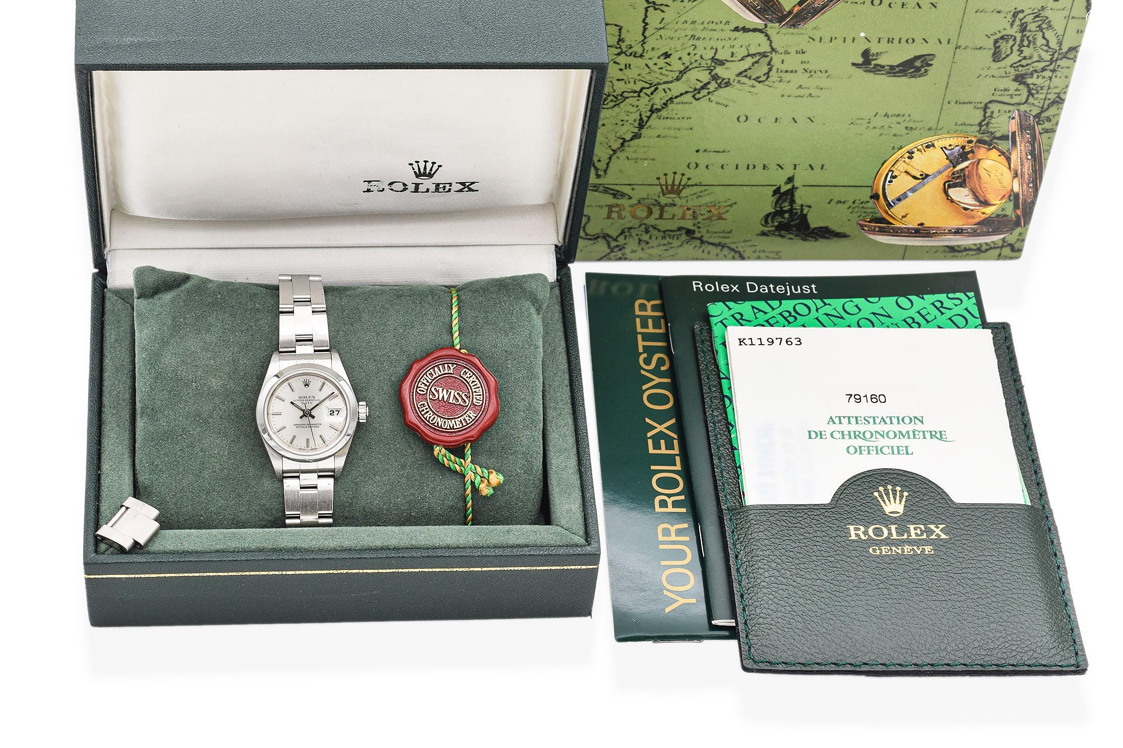 The Rolex Oyster Perpetual Date Ref 79180 is a vintage stainless steel ladies' watch that blends classic Rolex craftsmanship with a timeless design. The design of the Ref 79180 is understated but elegant, making it a versatile timepiece that can be