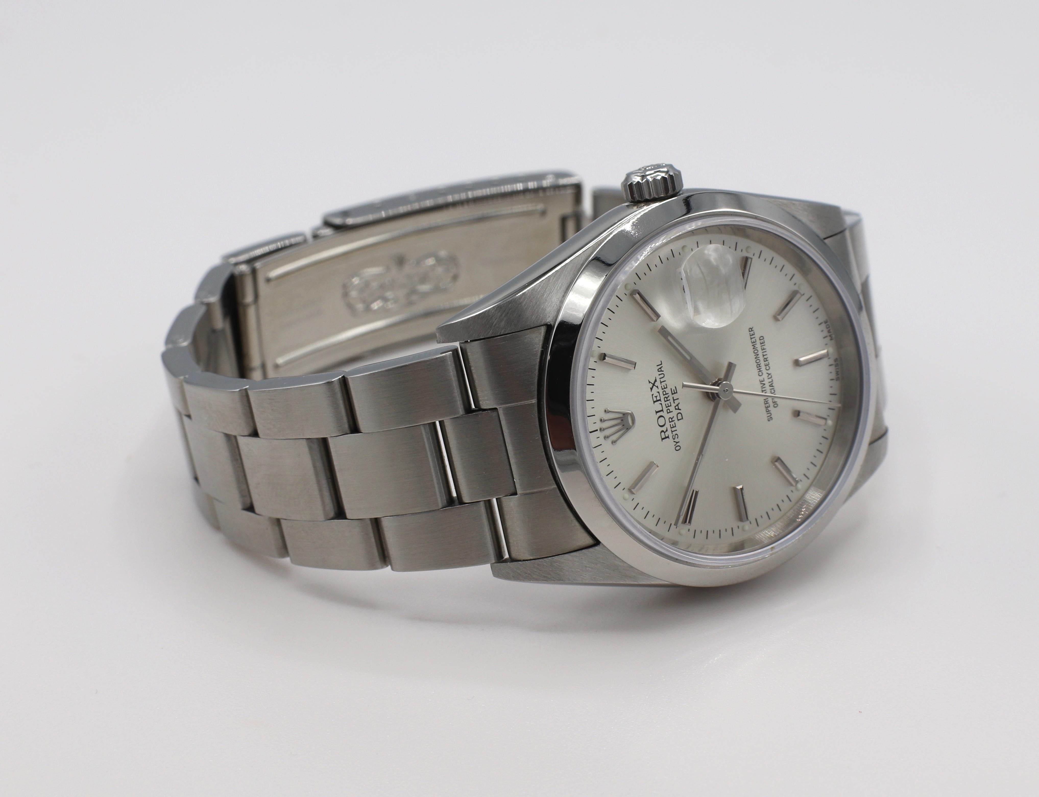 Vintage Rolex Oyster Perpetual Date Steel Watch Model 15200 Box & Papers In Excellent Condition In  Baltimore, MD