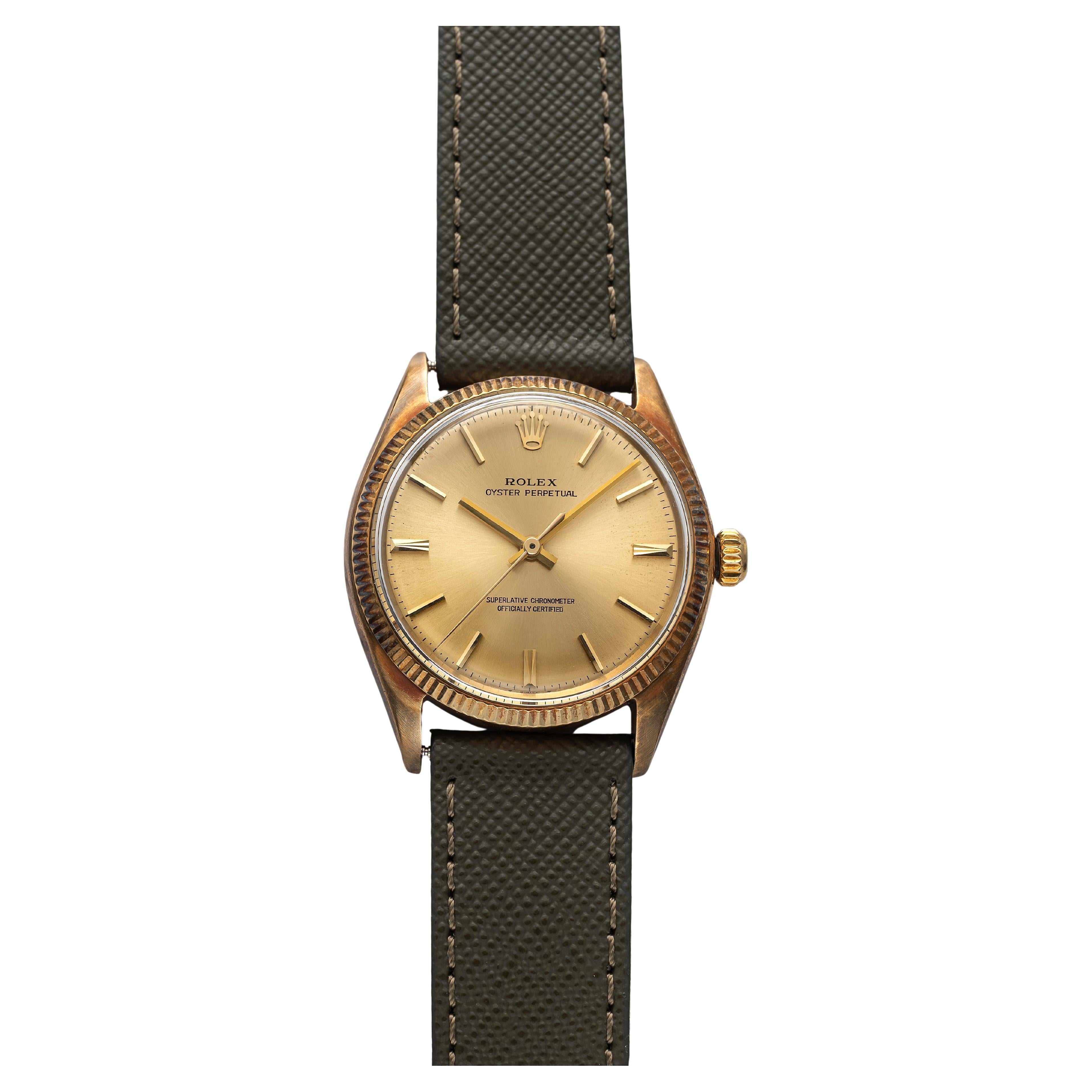 Vintage Rolex Oyster Perpetual Ref 1005 10s Automatic Silver Dial 14K Yellow Gol For Sale