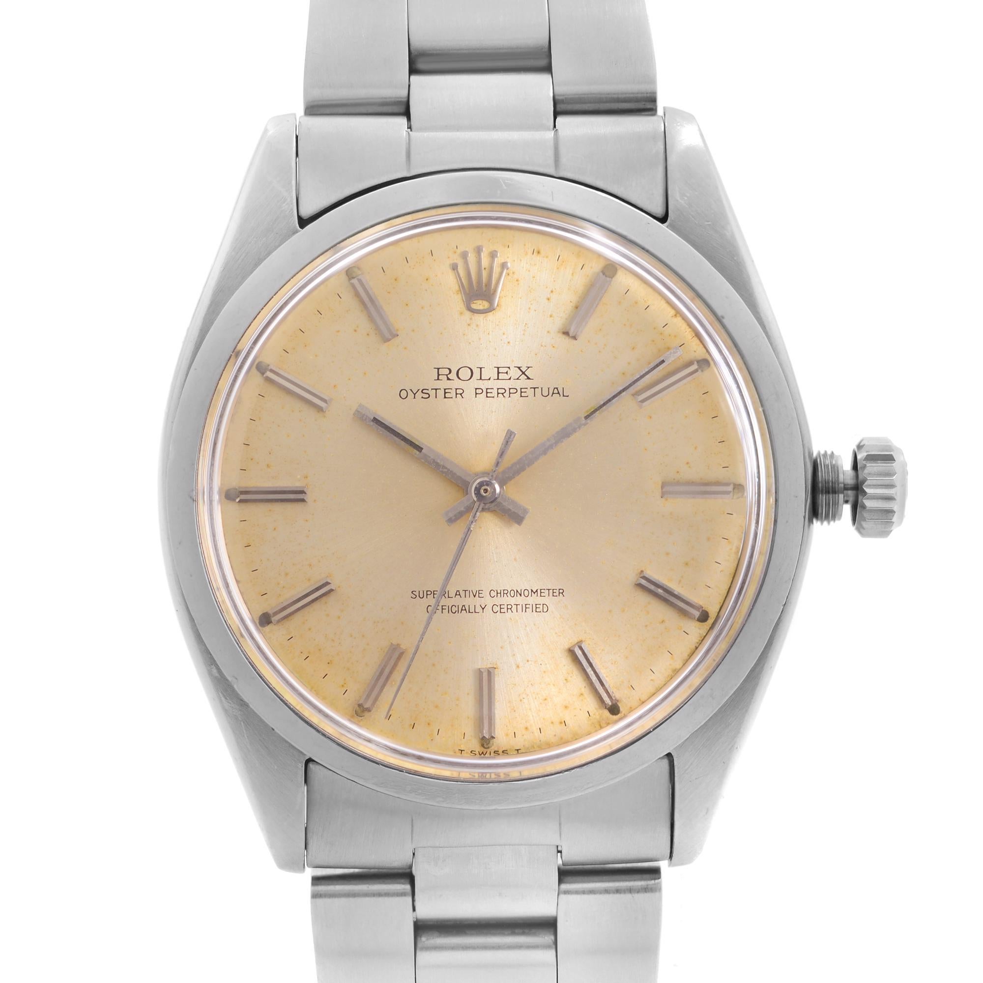 Pre-owned Vintage Rolex Oyster Perpetual Swiss Only Dial 1002. Minor rust and patins on the dial and on the  Hands and Hour Markers as in pictures. Nicks and Blemishes Along with the Case and Bezel, Scratches and Nicks on the Clasp. This Beautiful