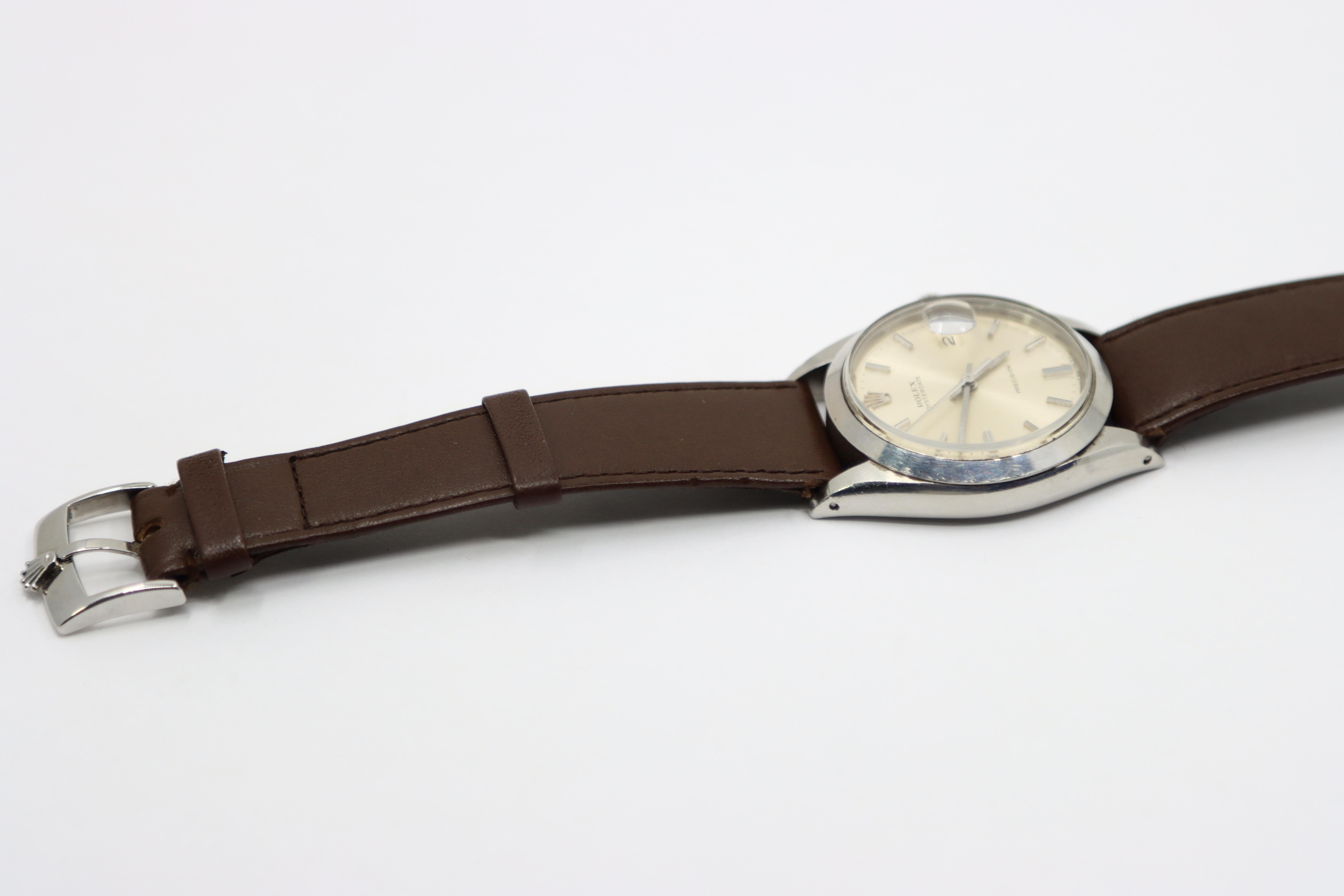 Vintage ROLEX Oysterdate Precision Date Uhr mit braunem Lederarmband im Angebot 7