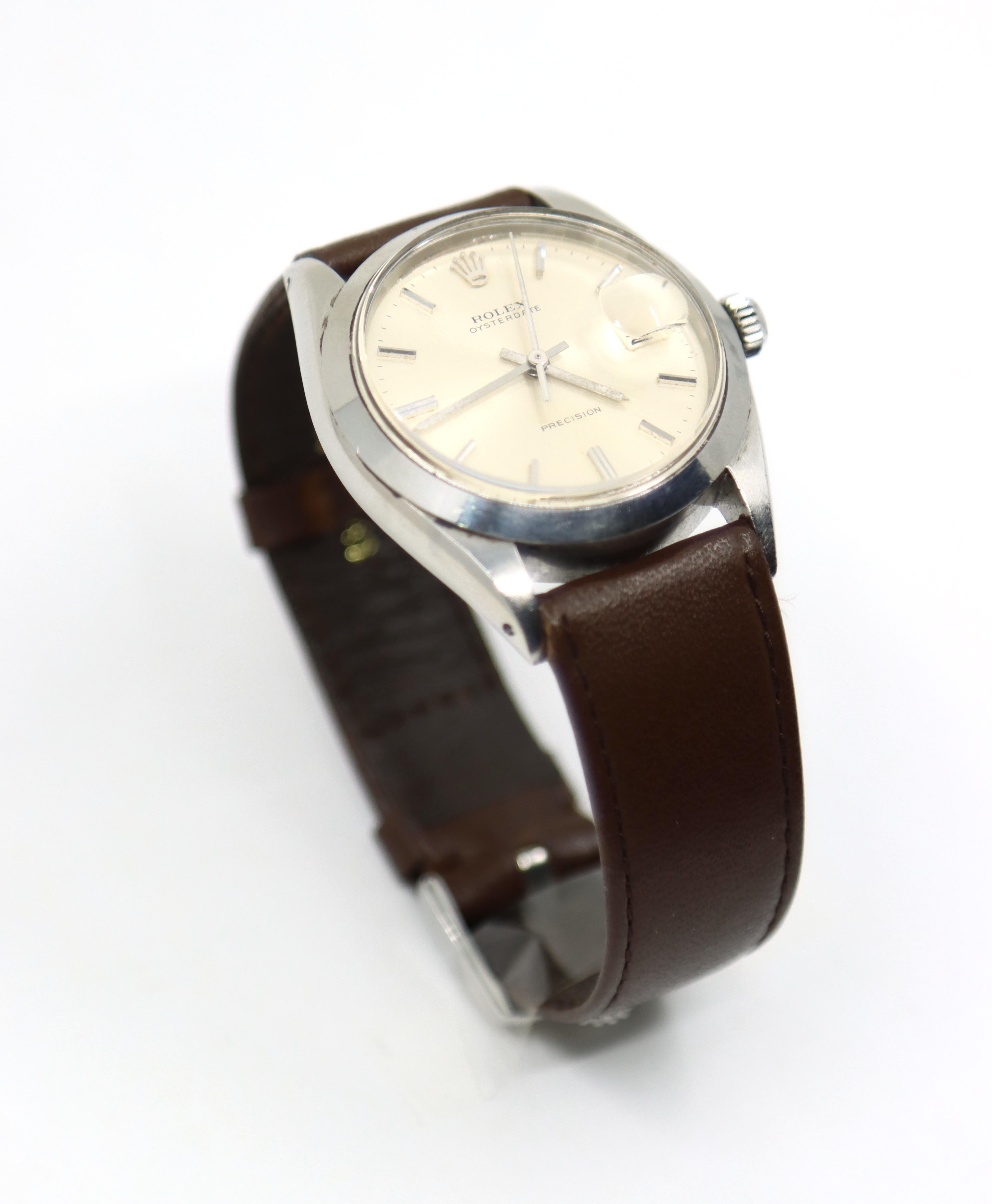 Vintage ROLEX Oysterdate Precision Date Uhr mit braunem Lederarmband im Zustand „Gut“ im Angebot in Flushing, NY