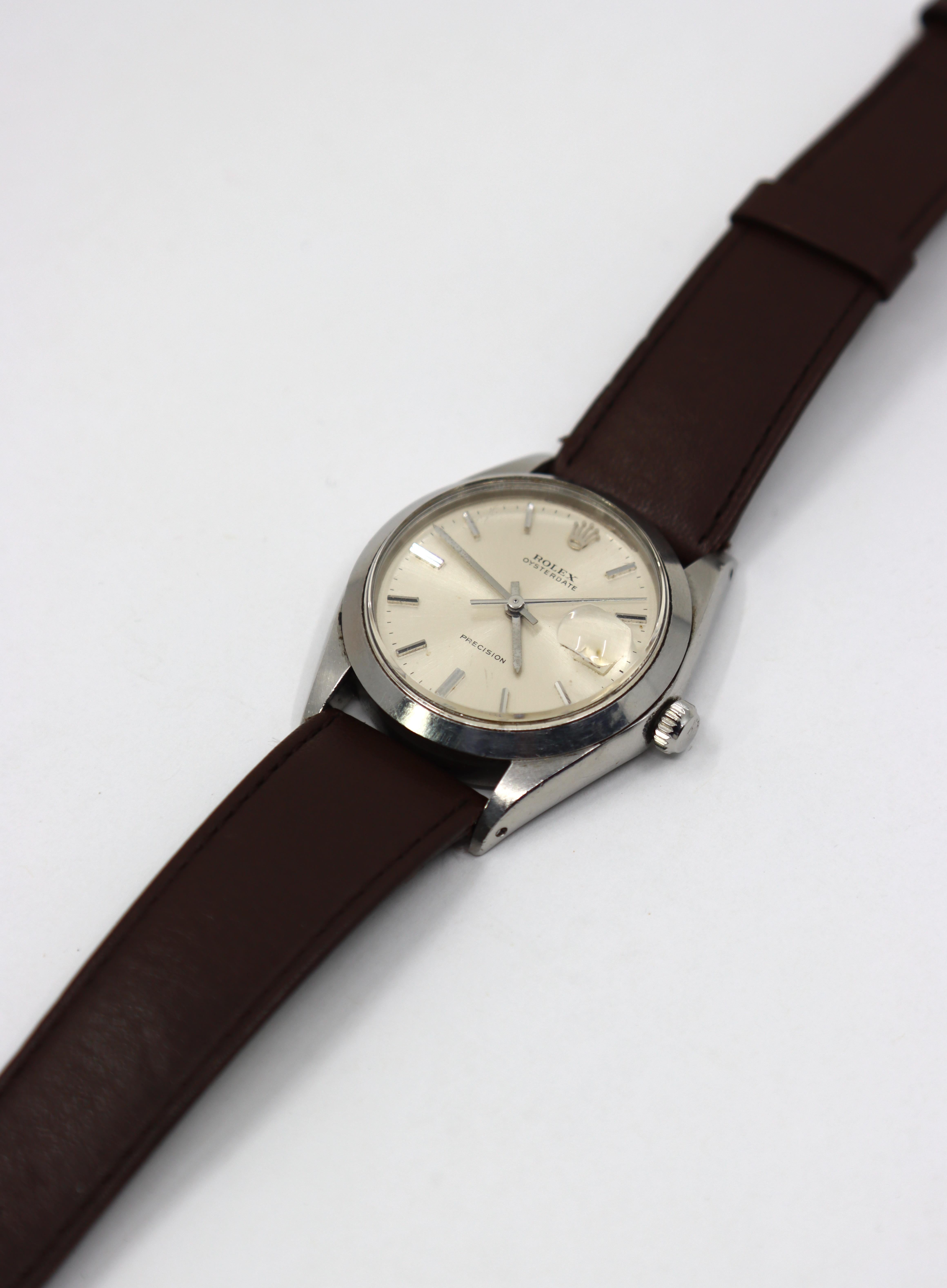 Vintage ROLEX Oysterdate Precision Date Uhr mit braunem Lederarmband im Angebot 5