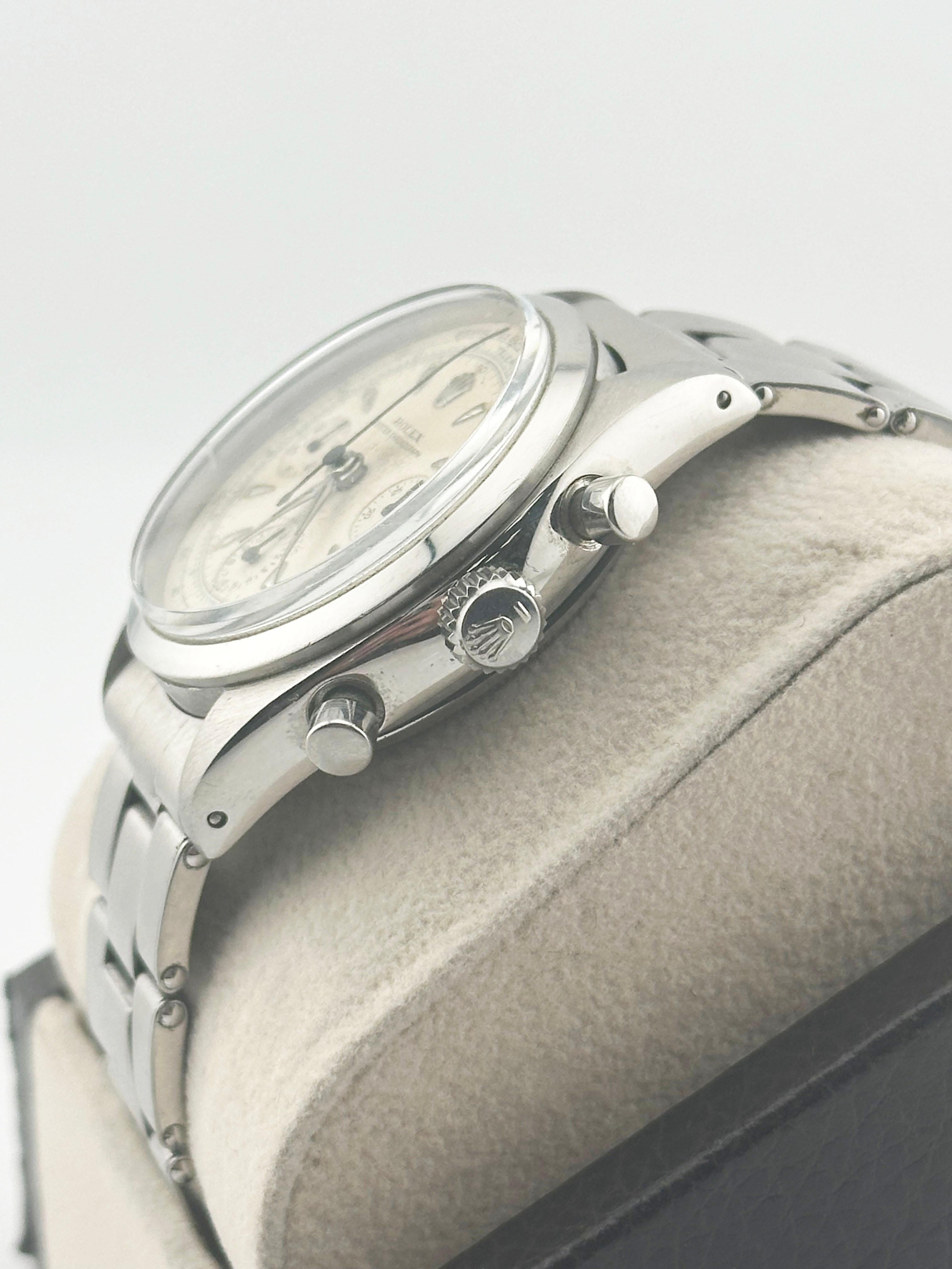 Style Number: 6234

Serial: 384***

Year: Est 1940's

Model: Rolex Pre- Daytona Chronograph 

Case Material: Stainless Steel 

Band: Stainless Steel 

Bezel: Stainless Steel Smooth Bezel 

Dial: Whiten Original Dial

Face: Acrylic 

Case Size: 36mm