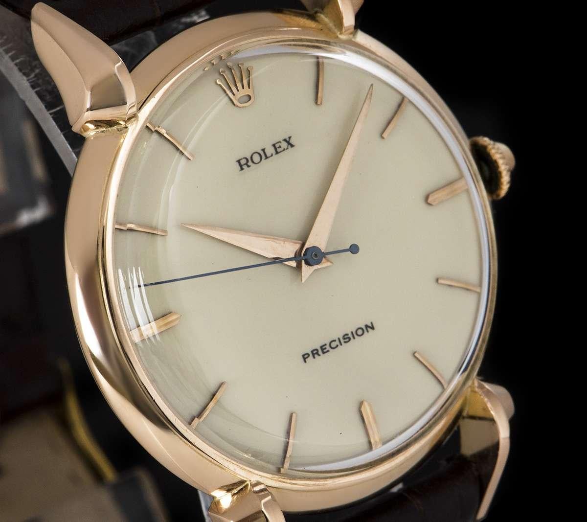 Vintage Rolex Precision Rose Gold Cream Enamel Dial Tear Drop Lugs Manual Wind  In Good Condition In London, GB
