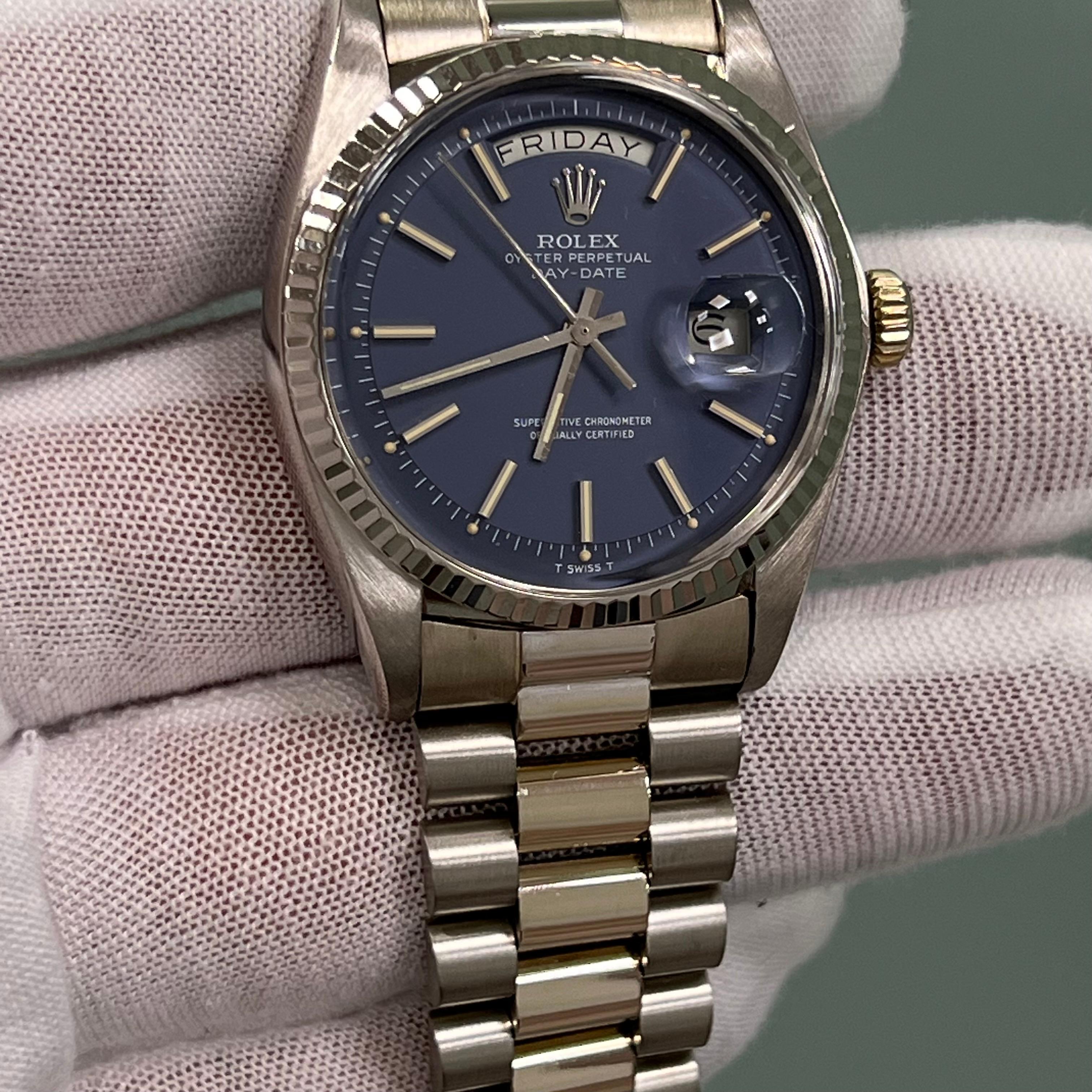 Femenino o masculino VINTAGE Rolex President 1803 Esfera Azul Mate 18K Oro Blanco Caja Papel