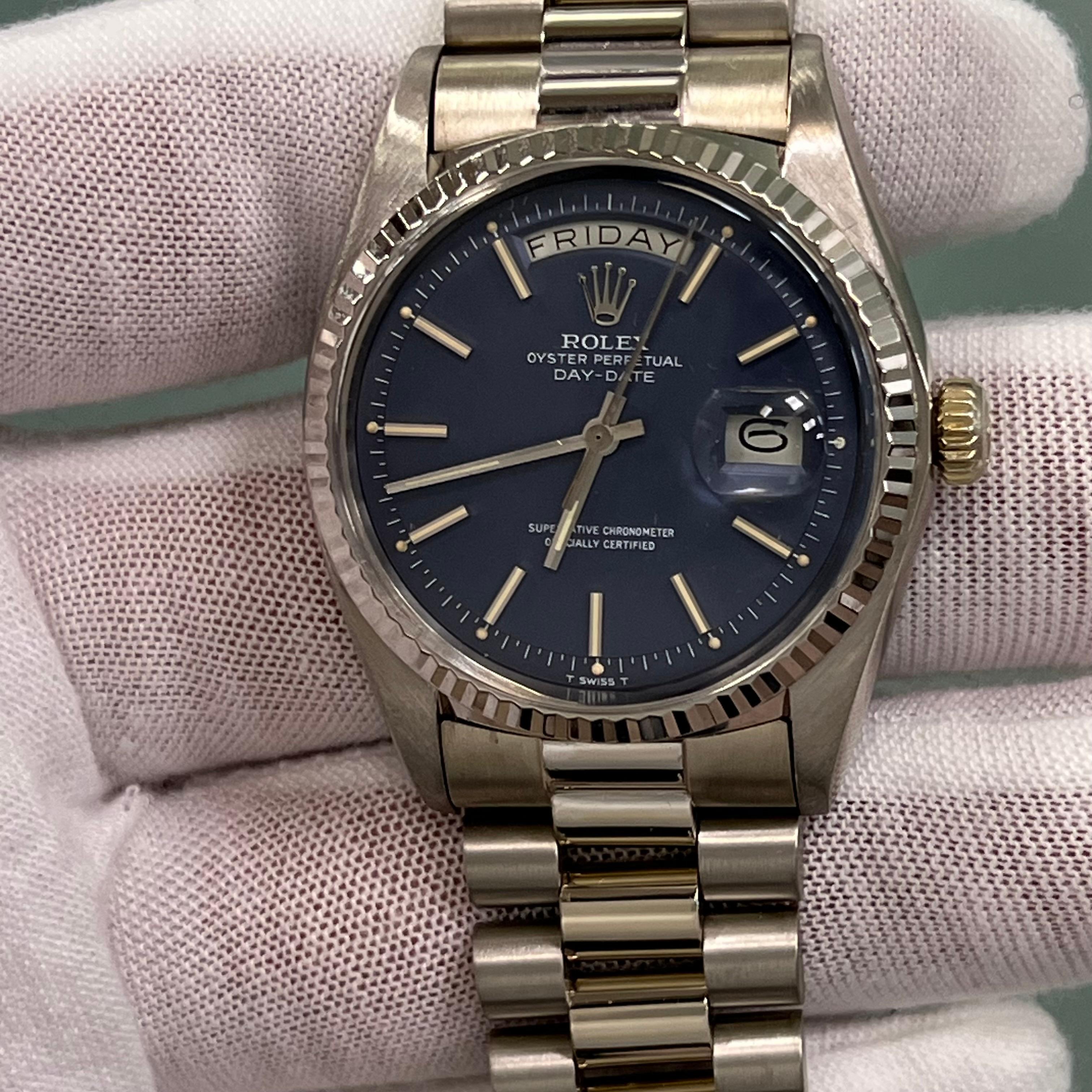 VINTAGE Rolex President 1803 Esfera Azul Mate 18K Oro Blanco Caja Papel 1