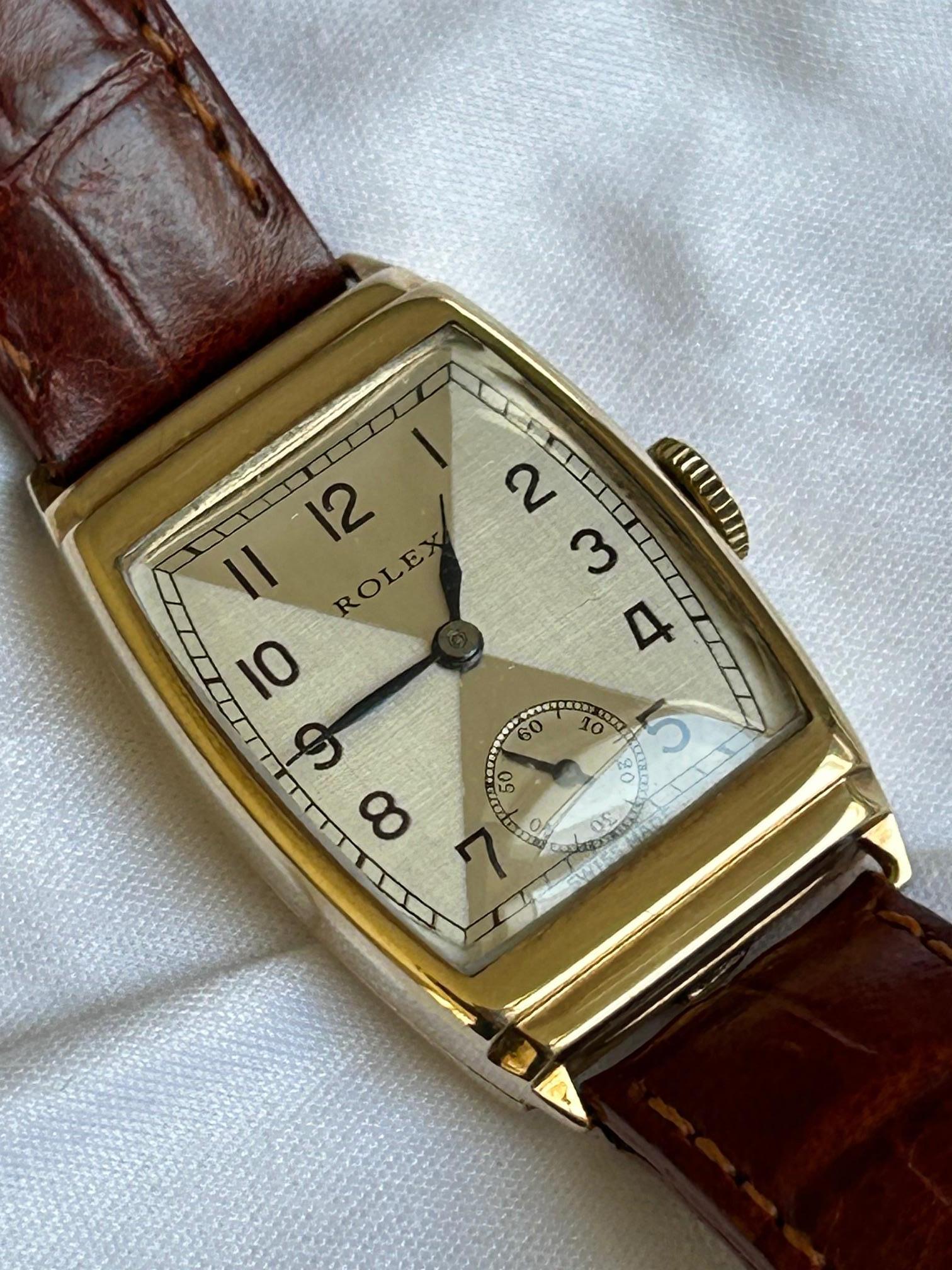 Vintage Rolex Ref 2387, 9K Yellow Gold Tonneau with Art Deco Dial, H/M UK 1930 In Good Condition For Sale In Canterbury, GB