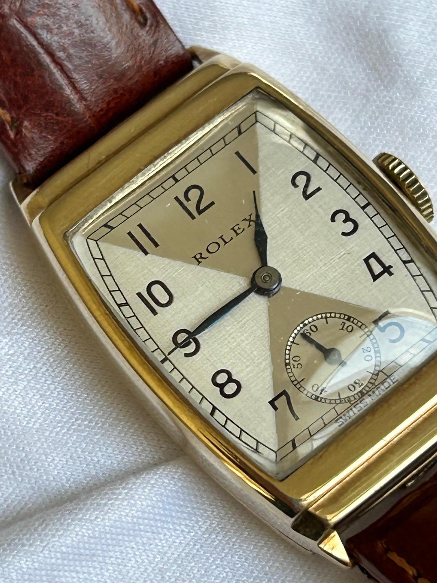 Vintage Rolex Ref 2387, 9K Yellow Gold Tonneau with Art Deco Dial, H/M UK 1930 In Good Condition For Sale In Canterbury, GB