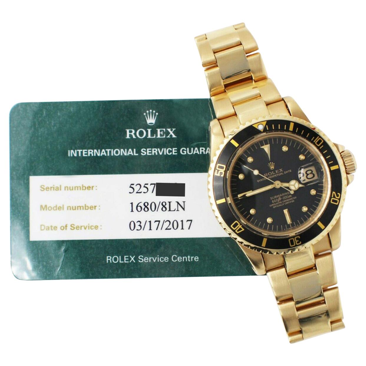 Style Number: 1680 

 

Serial: 5257***



Year: 1978

 

Model: Submariner 

 

Case Material: 18K Yellow Gold

 

Band: 18K Yellow Gold

 

Bezel: Black

 

Dial: Black Nipple Dial

 

Face: Acrylic 

 

Case Size: 40mm

 

Includes: 

-Rolex