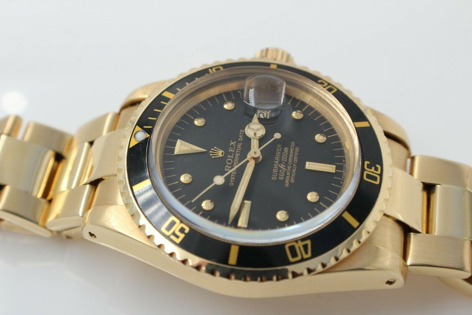 Men's Vintage Rolex Submariner 1680 Nipple Dial Service Papers 18 Karat Gold Mint For Sale