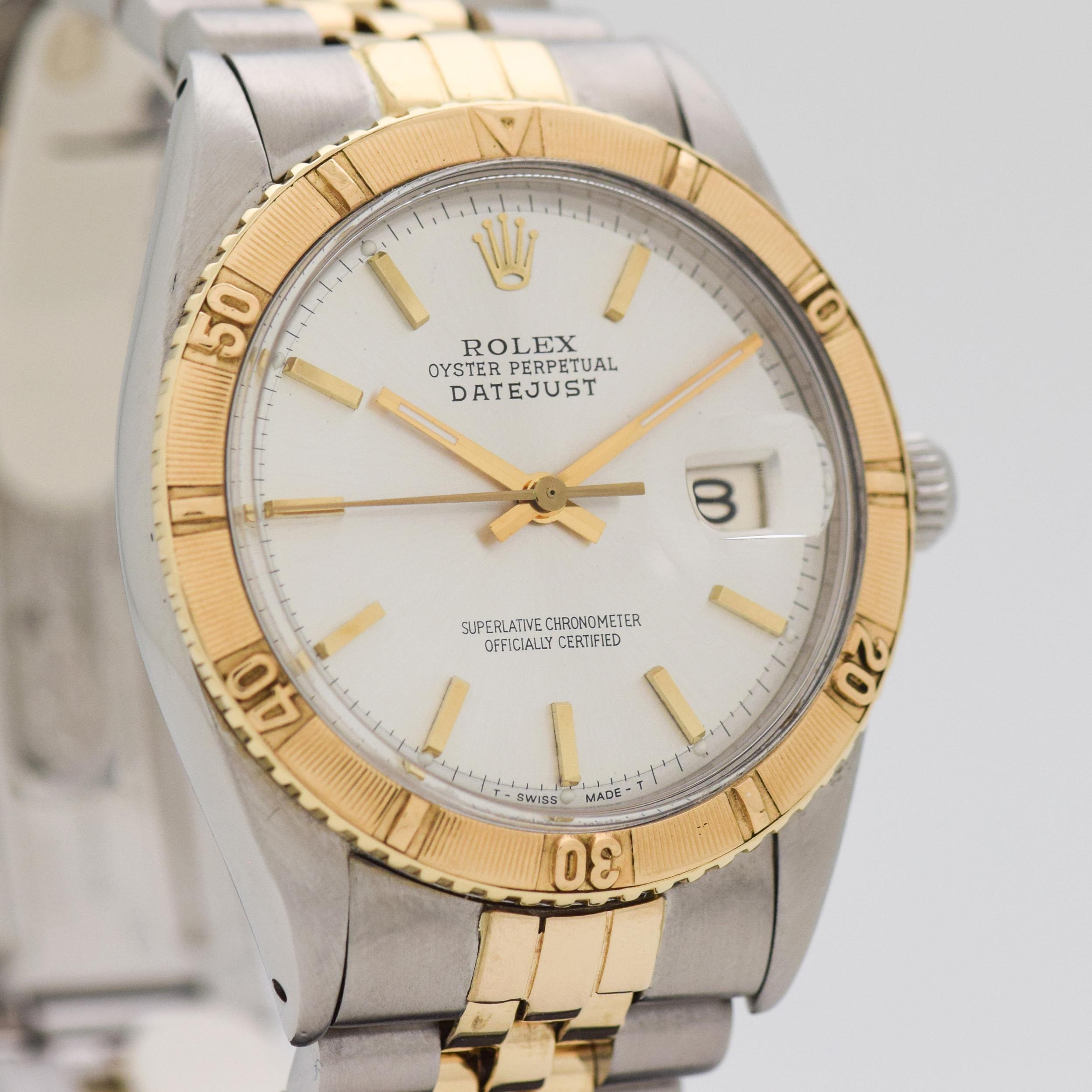 1967 Vintage Rolex Datejust Ref. 1625 with Two Tone 14k Yellow Gold Thunderbird Turn-O-Graph Bezel and Stainless Steel Case with Silver Dial with Applied Gold Stick/Bar/Baton Markers with Newer D Link Genuine Rolex Two Tone 14k Yellow Gold and