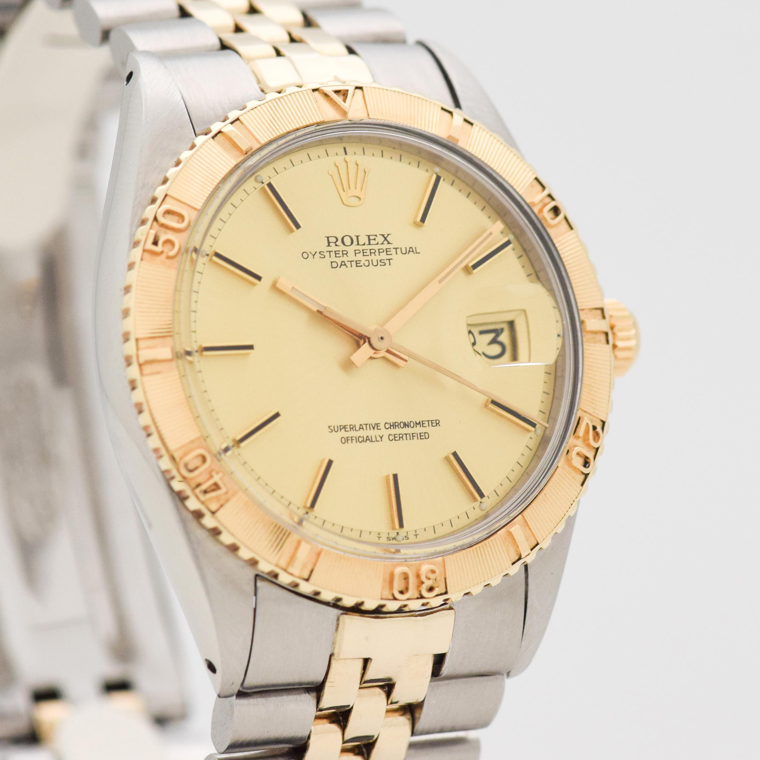 1977 Vintage Rolex Datejust Thunderbird Ref. 1625 with Two Tone 14k Yellow Gold Thunderbird Turn-O-Graph Bezel and Stainless Steel Case with Champagne Dial with Applied Gold Stick/Bar/Baton Markers with Original Rolex Two Tone 14k Yellow Gold and