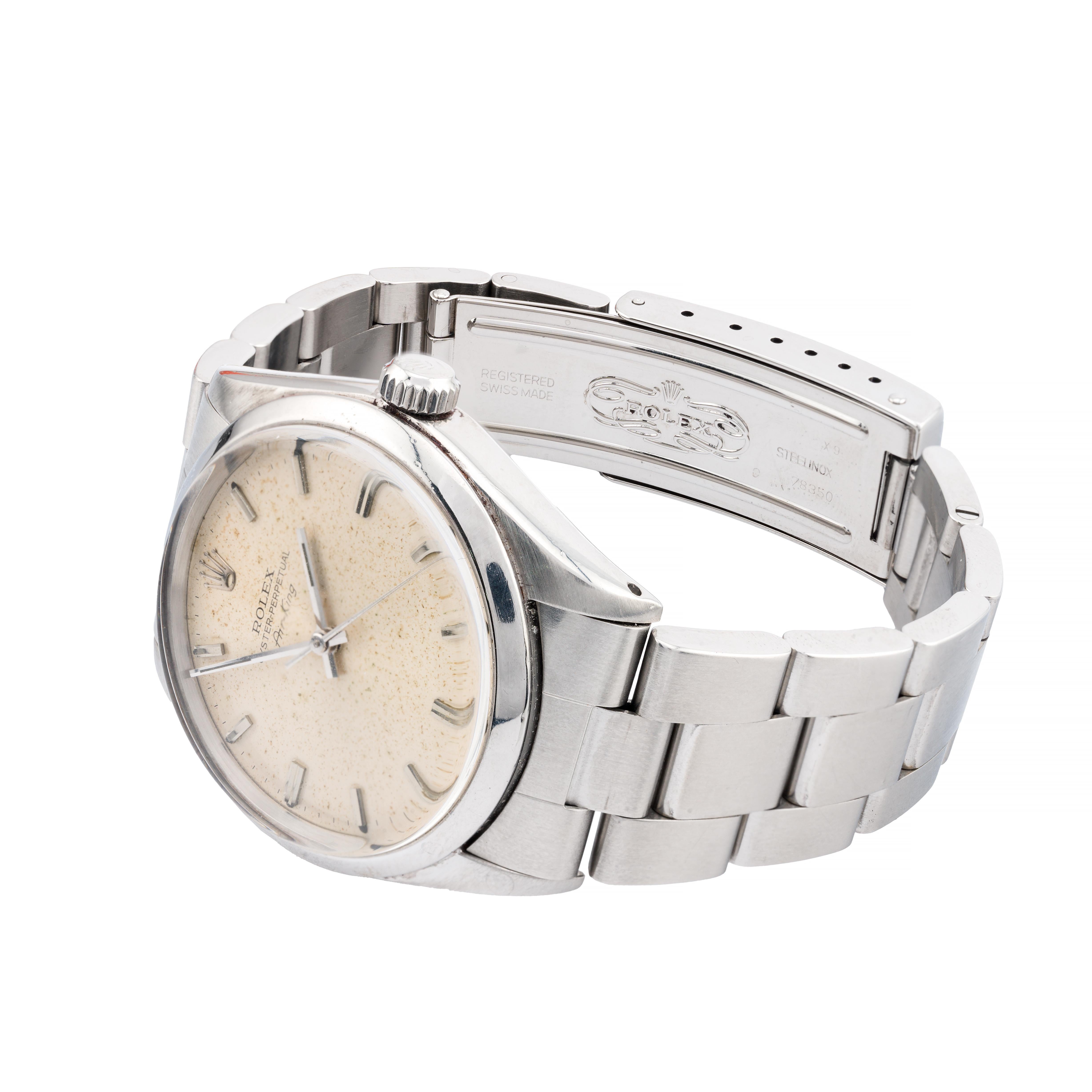 Vintage Rolex Tropical Dial Air King Reference 5500 in Stainless Steel In Good Condition For Sale In Boston, MA