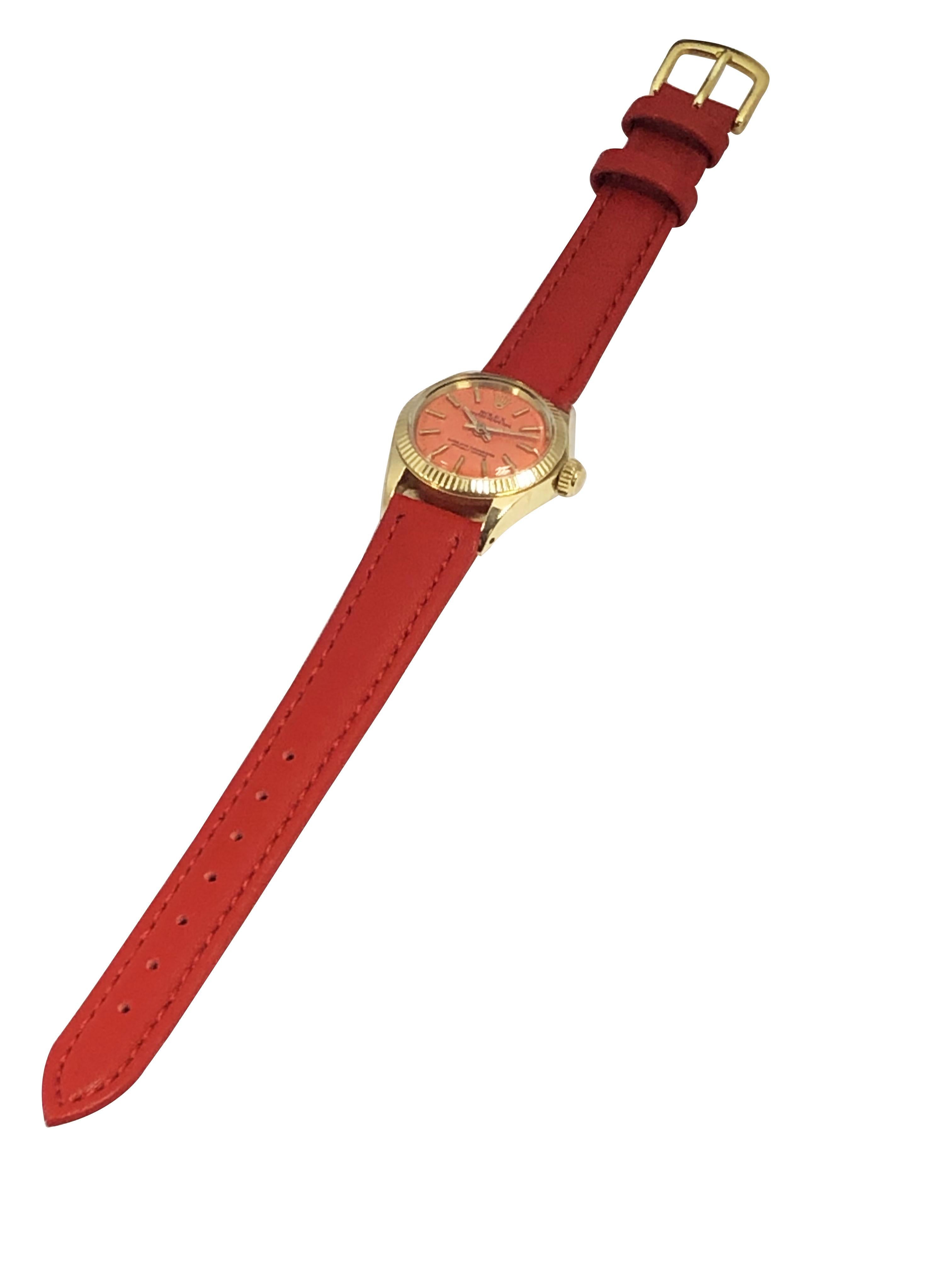 Rolex Gelbgold Automatik-Koralle Zifferblatt Damenarmbanduhr, Vintage im Angebot 1