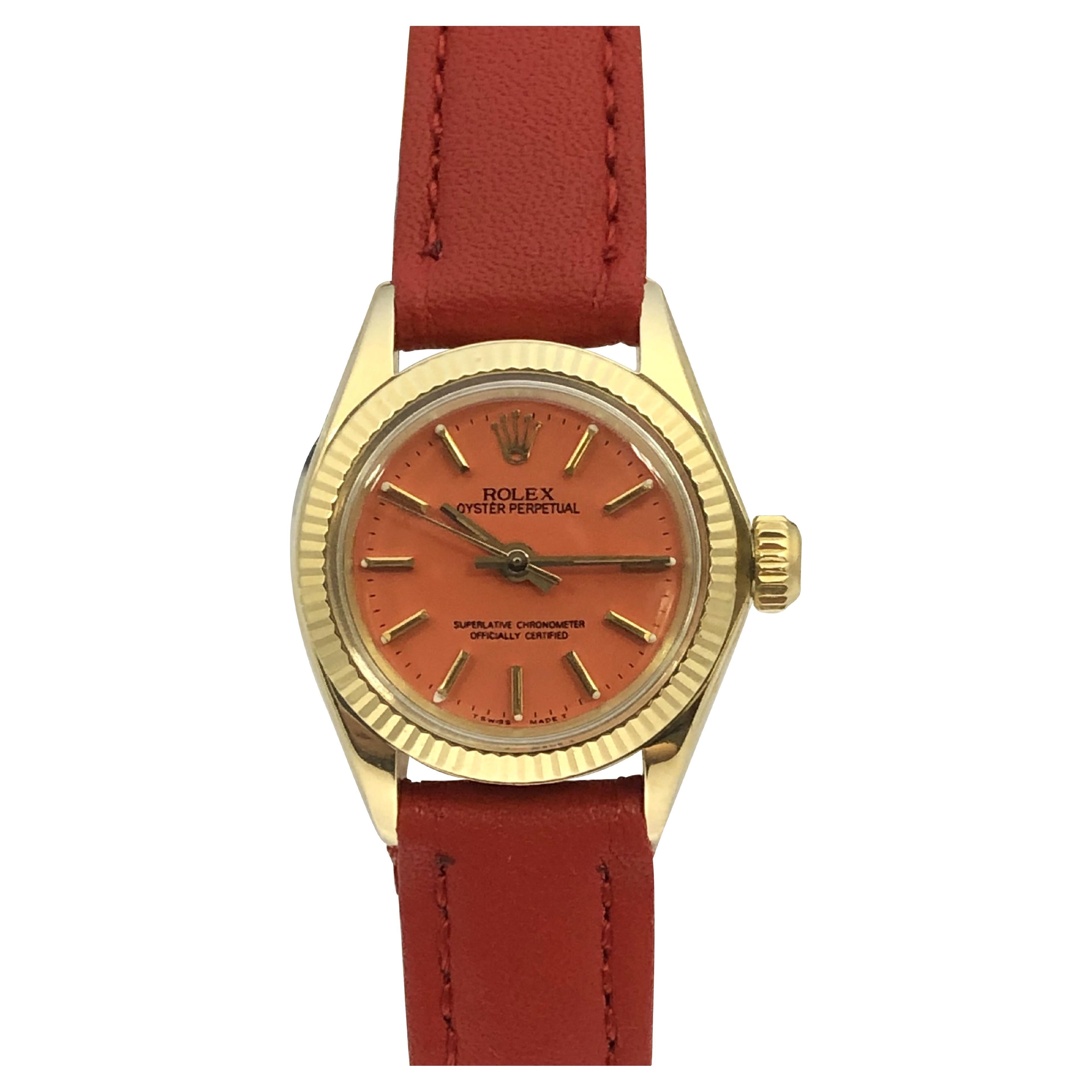 Vintage Rolex Yellow Gold Automatic Coral dial Ladies Wrist Watch