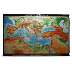 Vintage Rollable Map Mediterranean Countries Wall Chart Mural Poster