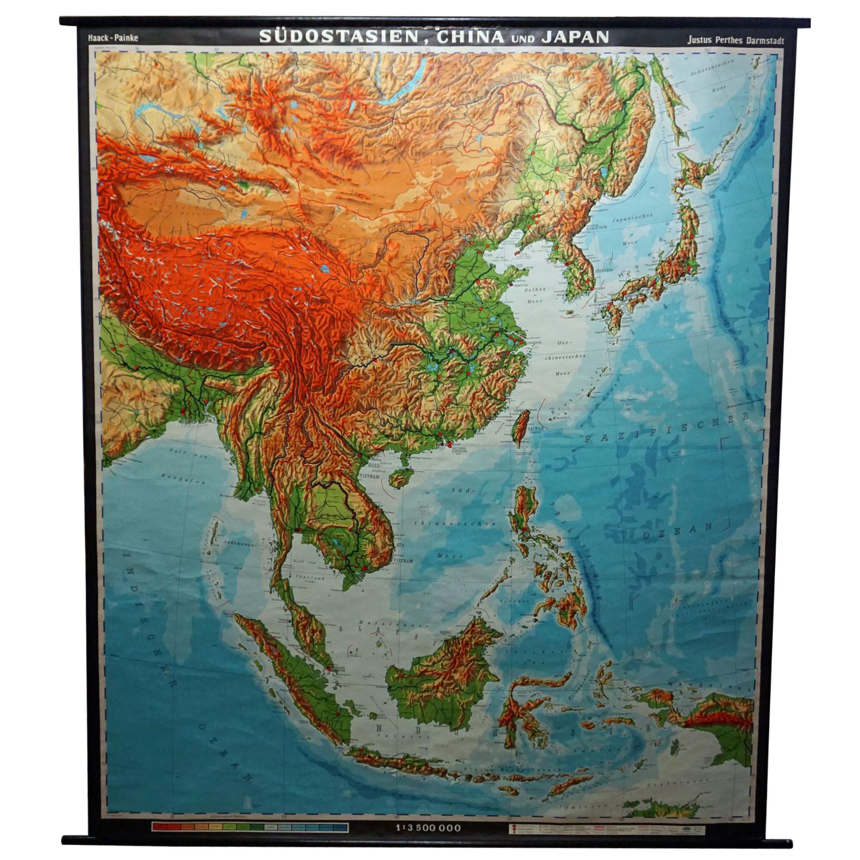 Vintage Rollable Map Southeast Asia China Japan Wall Chart