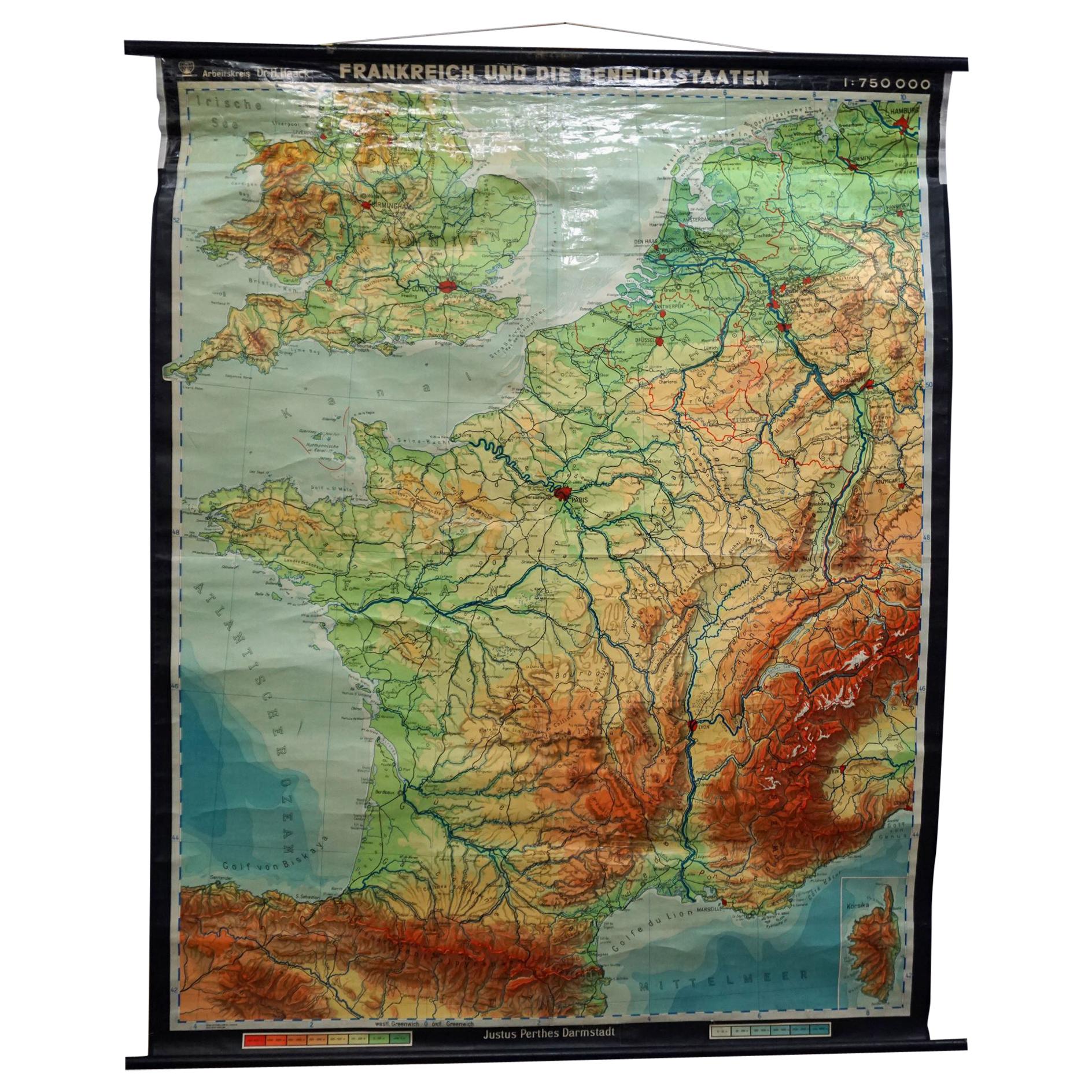 Vintage Mural Rollable Map Wall Chart France Benelux Countries South England For Sale