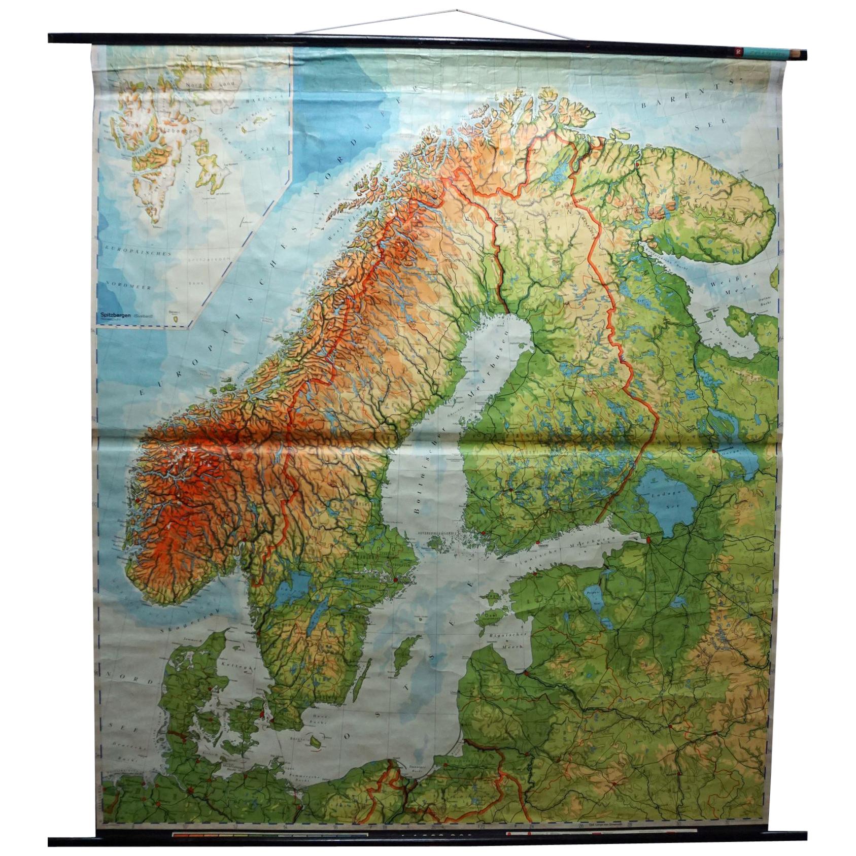 Vintage Rollable Mural Map Wall Chart Print Scandinavia Norway Sweden Finland For Sale