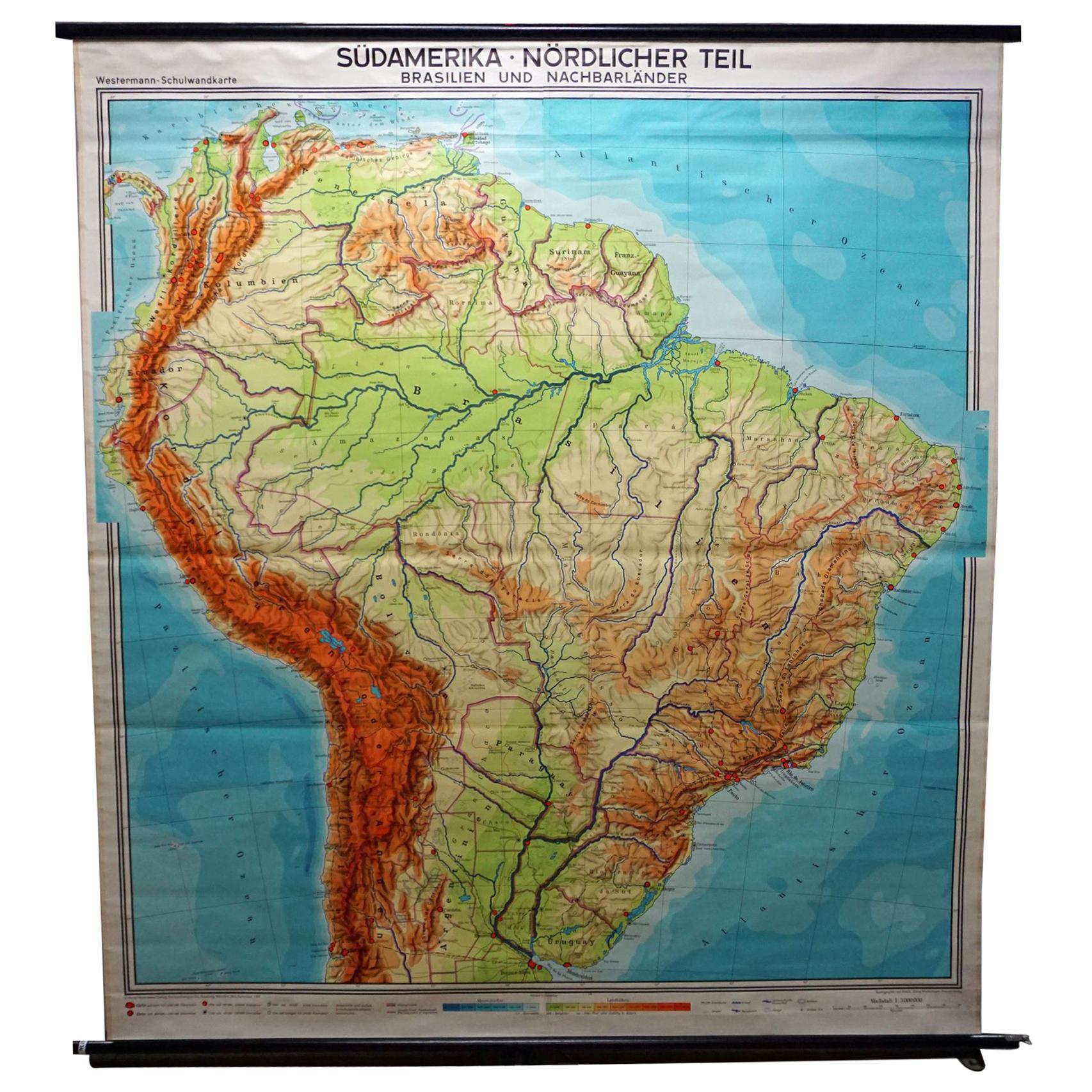 Vintage Rollable Map Wall Chart South America Brasilia and Neighbour States For Sale