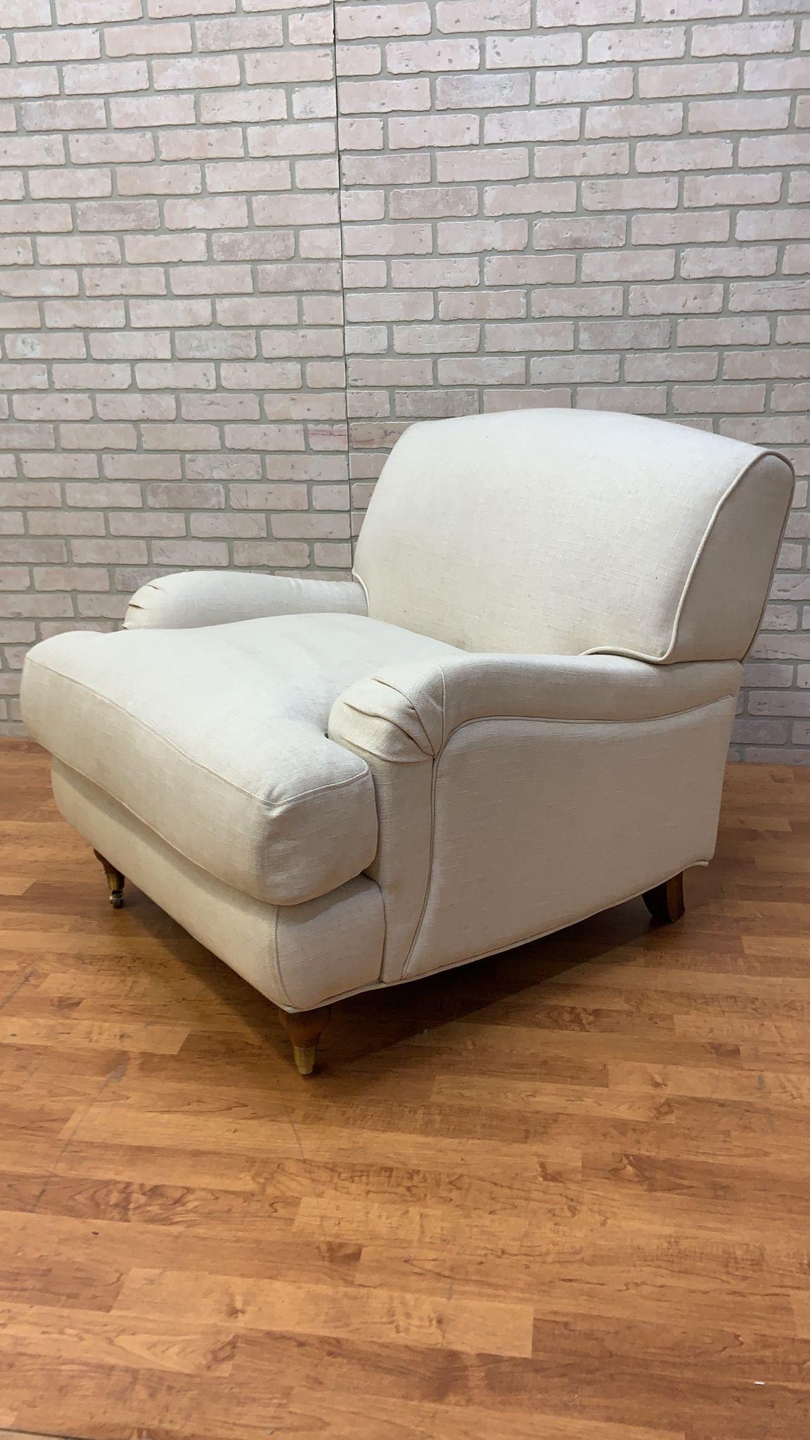 American Vintage Rolled Arm Sydney Club Chair Upholstered in Cream Linen For Sale