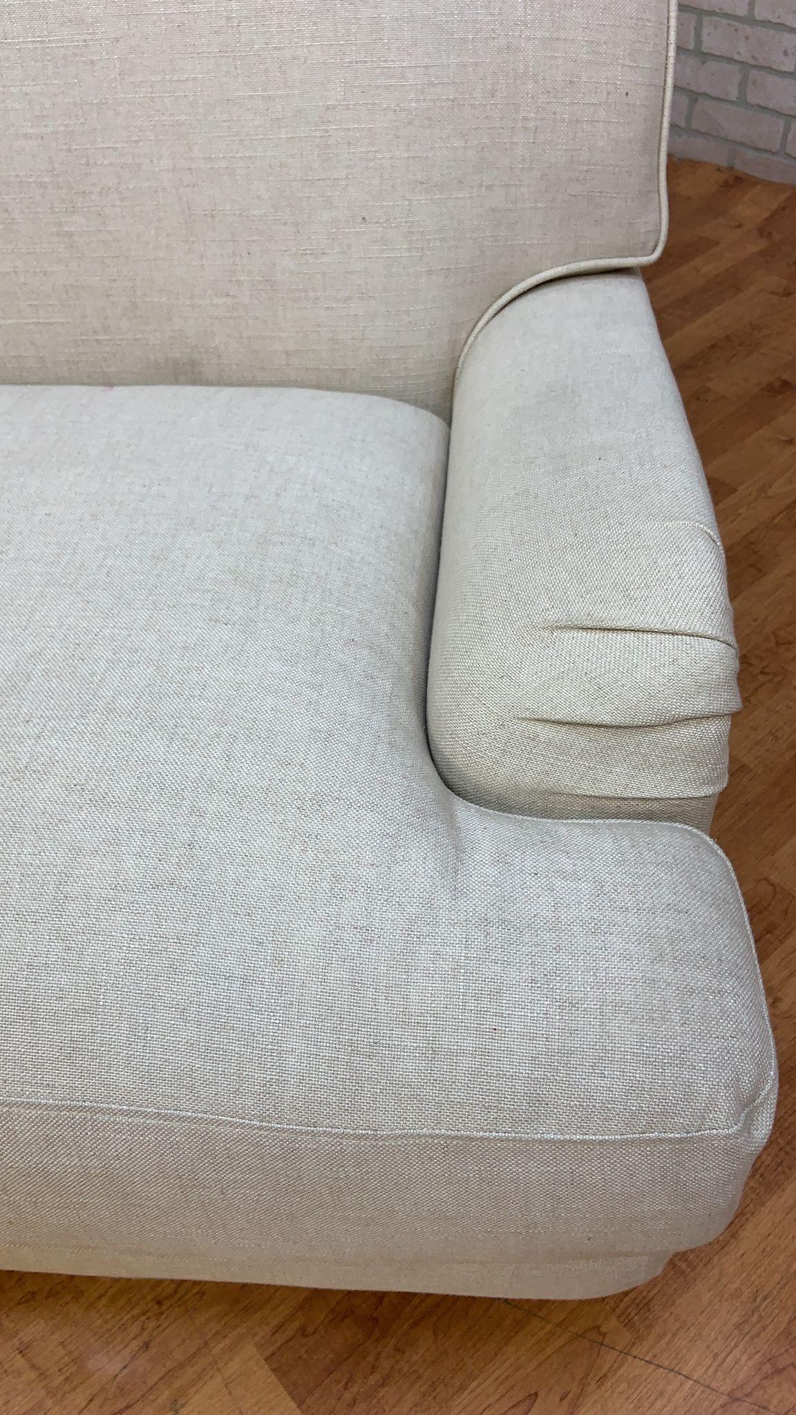 Contemporary Vintage Rolled Arm Sydney Club Chair Upholstered in Cream Linen For Sale