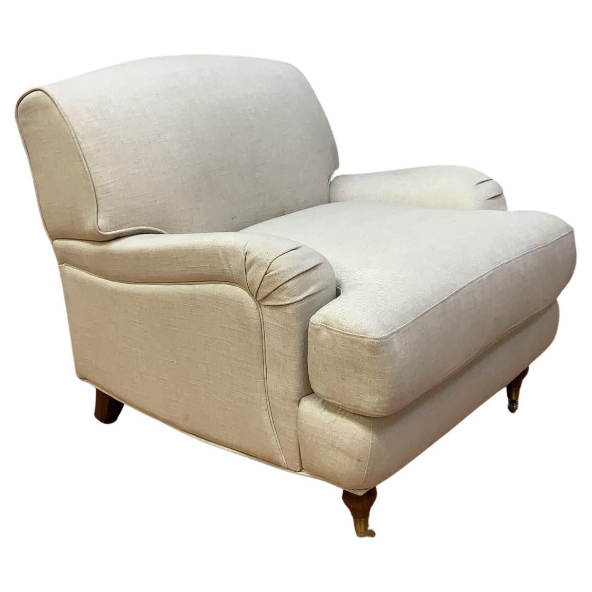 Vintage Rolled Arm Sydney Club Chair Upholstered in Cream Linen For Sale