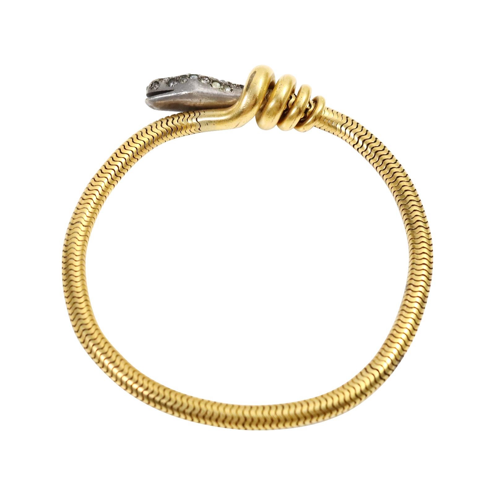 Modern Vintage Rolled Gold Tone Diamante Dangling Snake Bracelet Circa 1940s For Sale