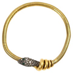 Vintage Rolled Gold Tone Diamante Dangling Snake Bracelet Circa 1940s