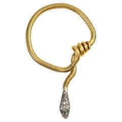 Vintage Rolled Gold Tone Diamante Dangling Snake Bracelet Circa 1940s
