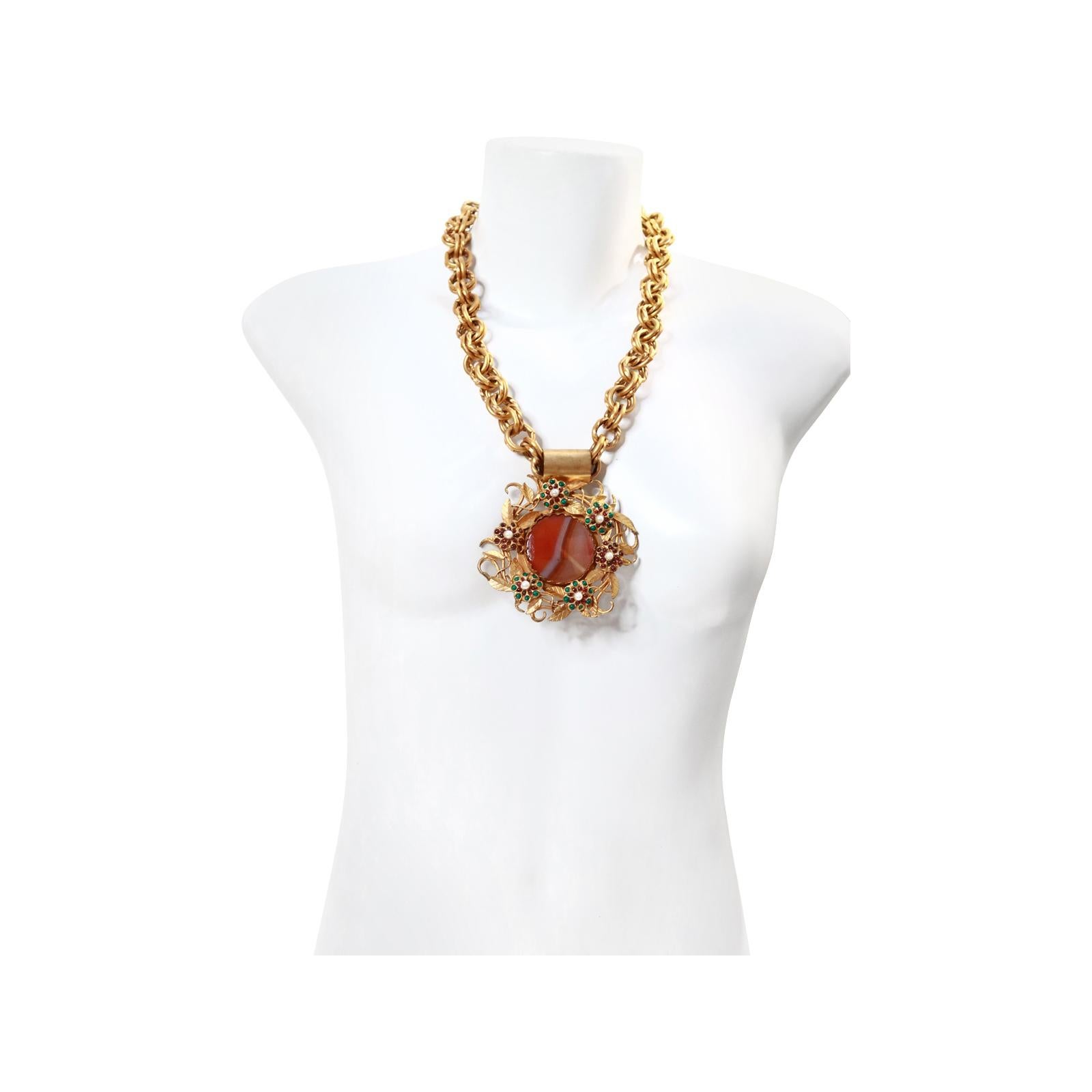 Women's or Men's Vintage Rolled Gold with Cabachons Necklace Circa 1960's For Sale