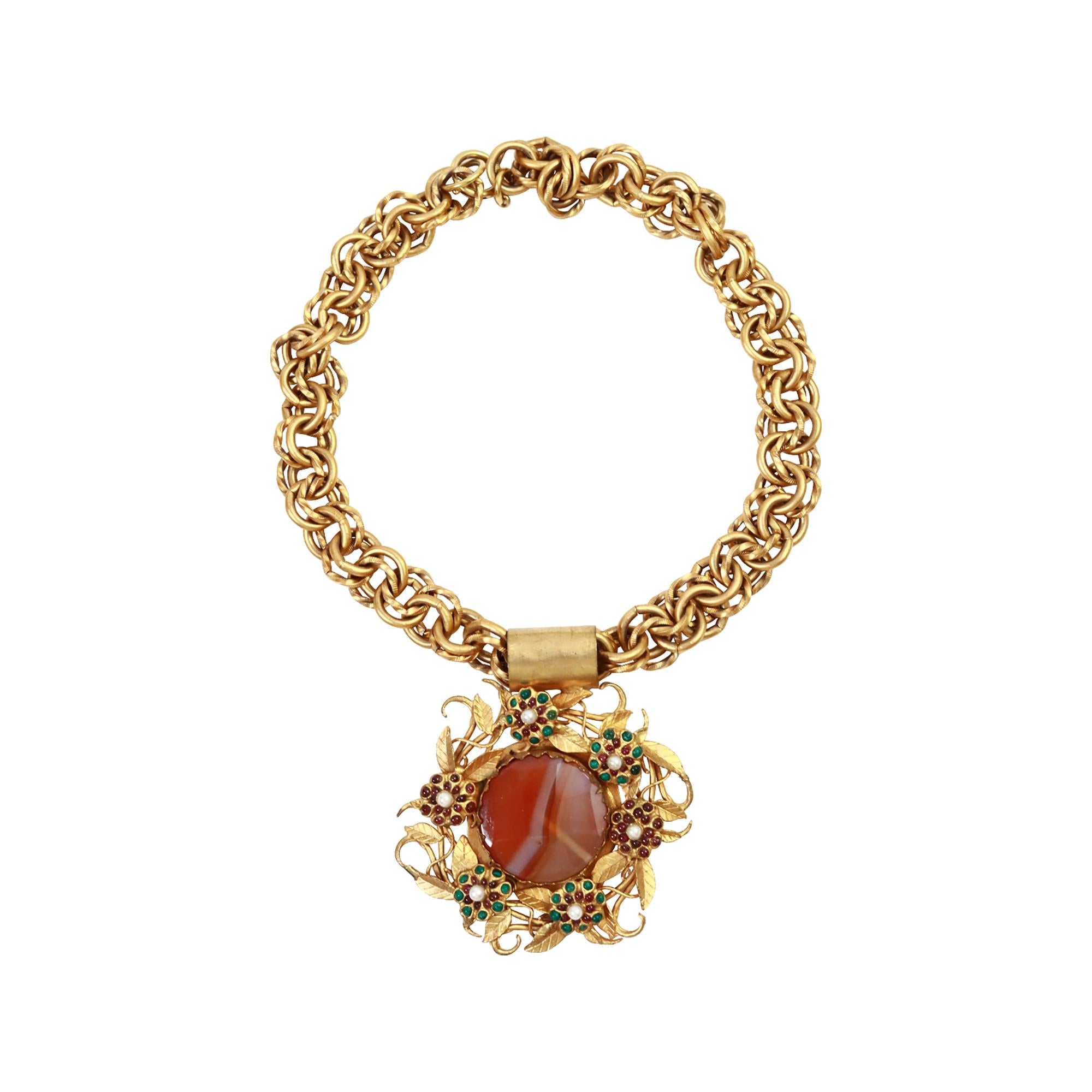 Vintage Rolled Gold with Cabachons Necklace Circa 1960's For Sale 2
