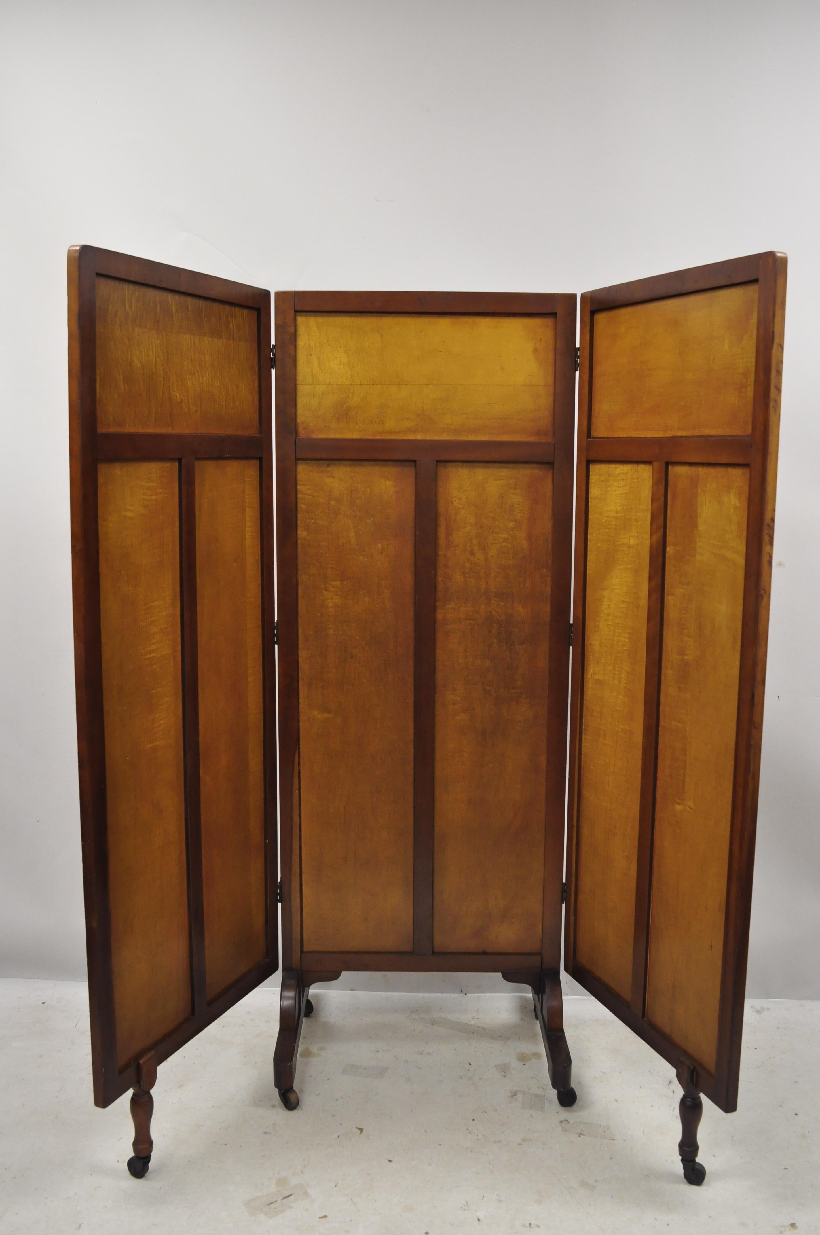 Vintage Rolling 3-Panel Wood Folding Doctors Office Dressing Screen Room Divider 3