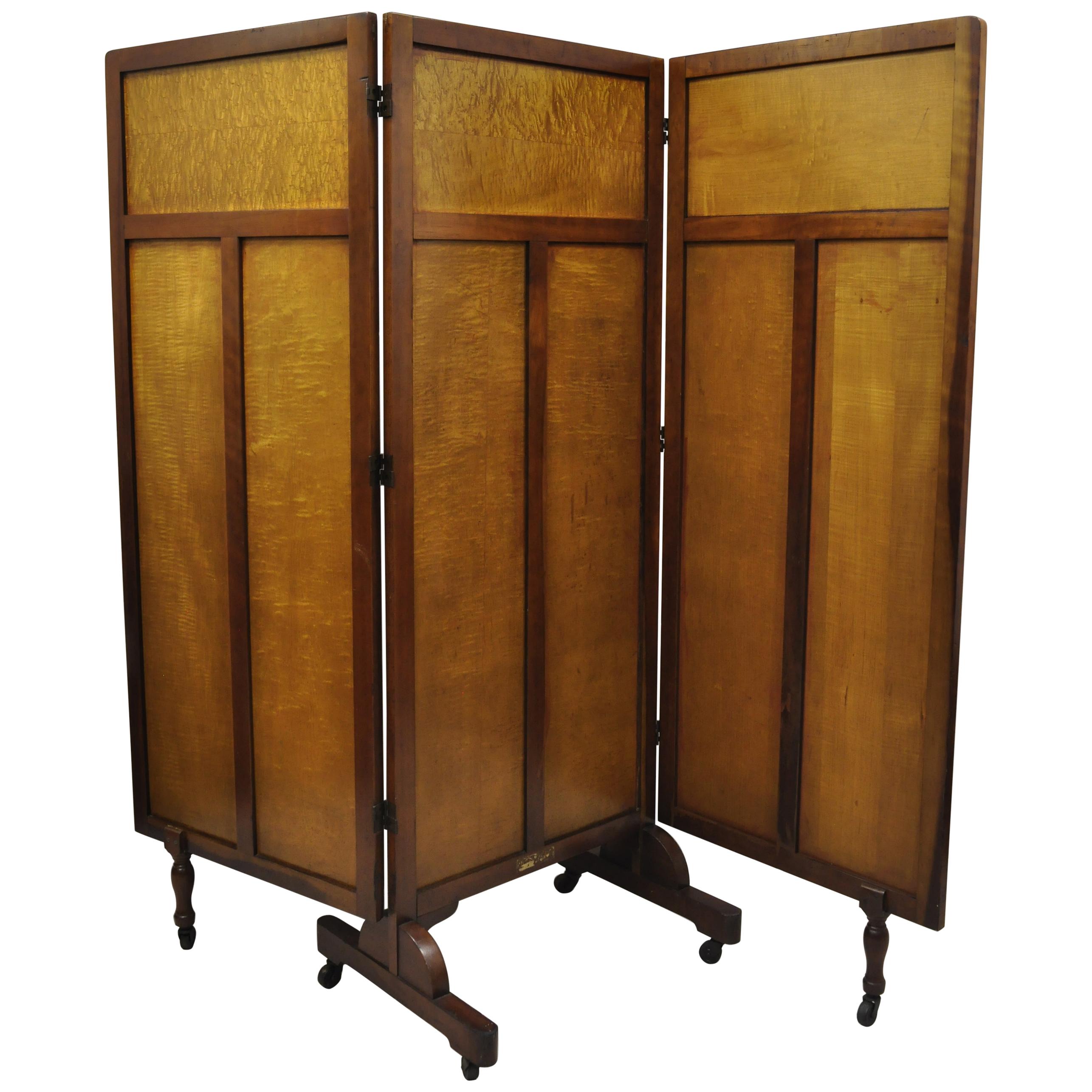 Vintage Rolling 3-Panel Wood Folding Doctors Office Dressing Screen Room Divider