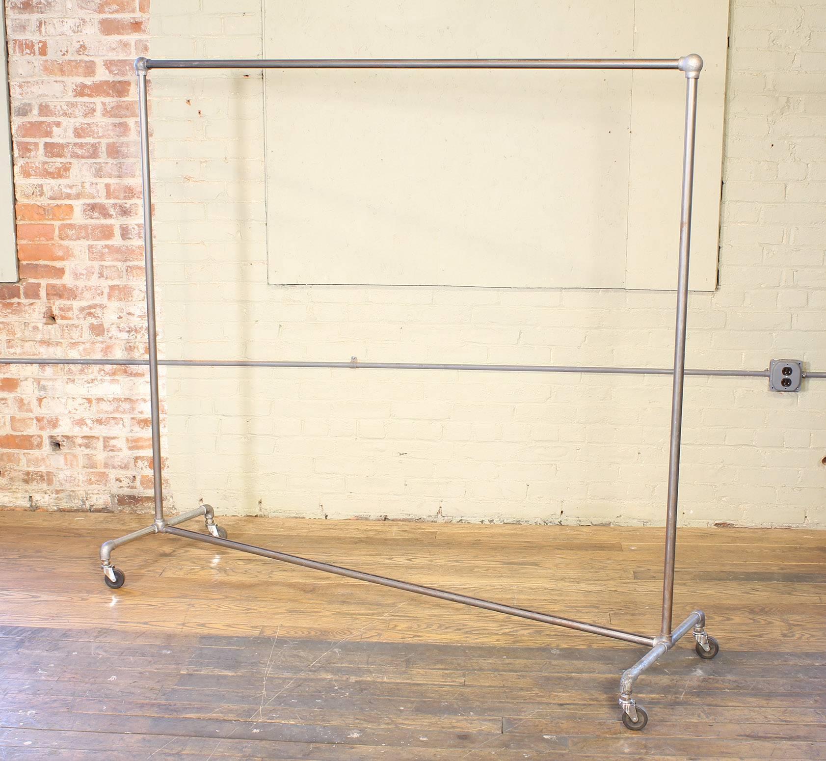Vintage Rolling Clothing Rack, Garment Coat Stand with Cast Iron Bubble Fittings In Distressed Condition In Oakville, CT