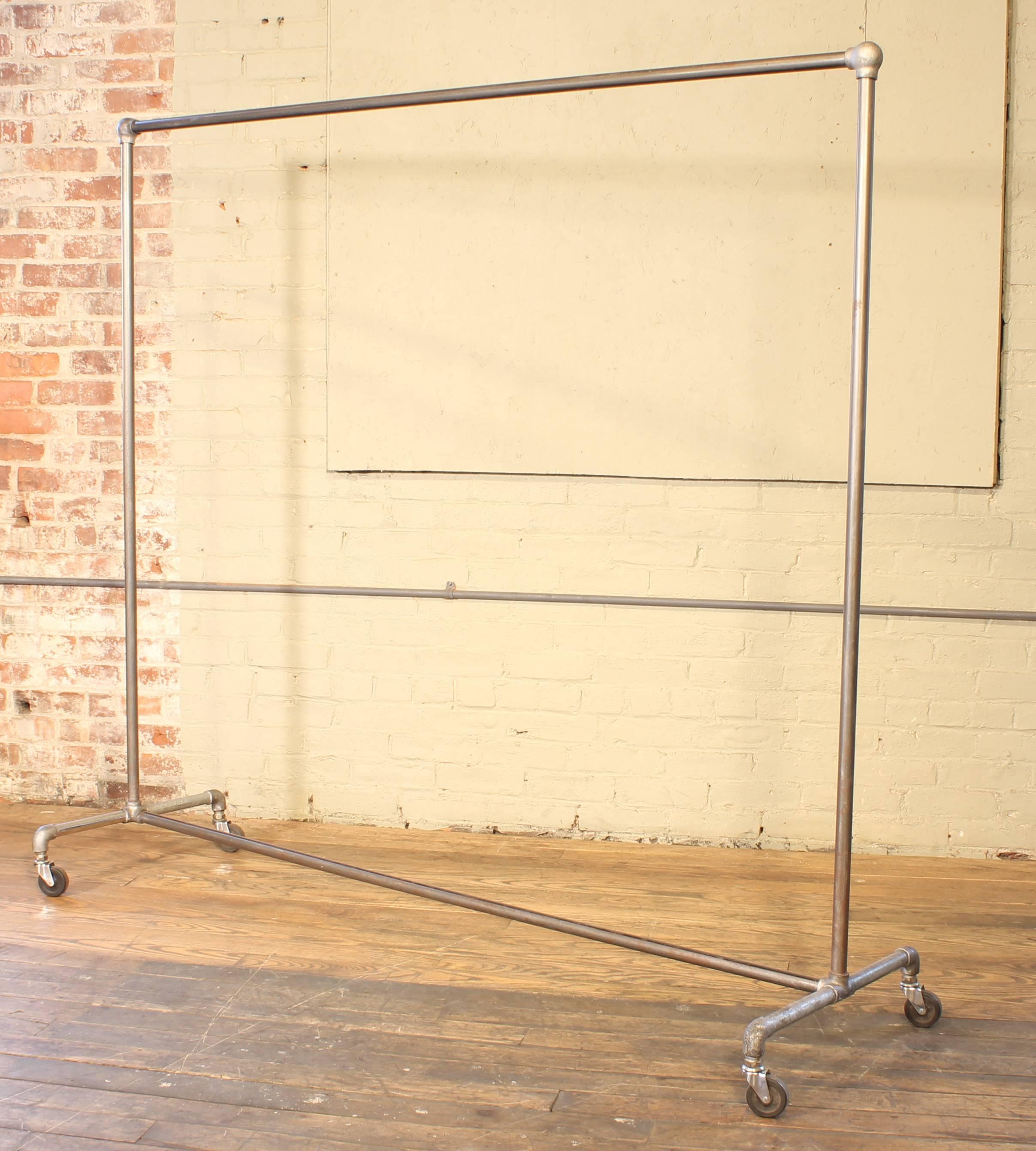 20th Century Vintage Rolling Clothing Rack, Garment Coat Stand with Cast Iron Bubble Fittings