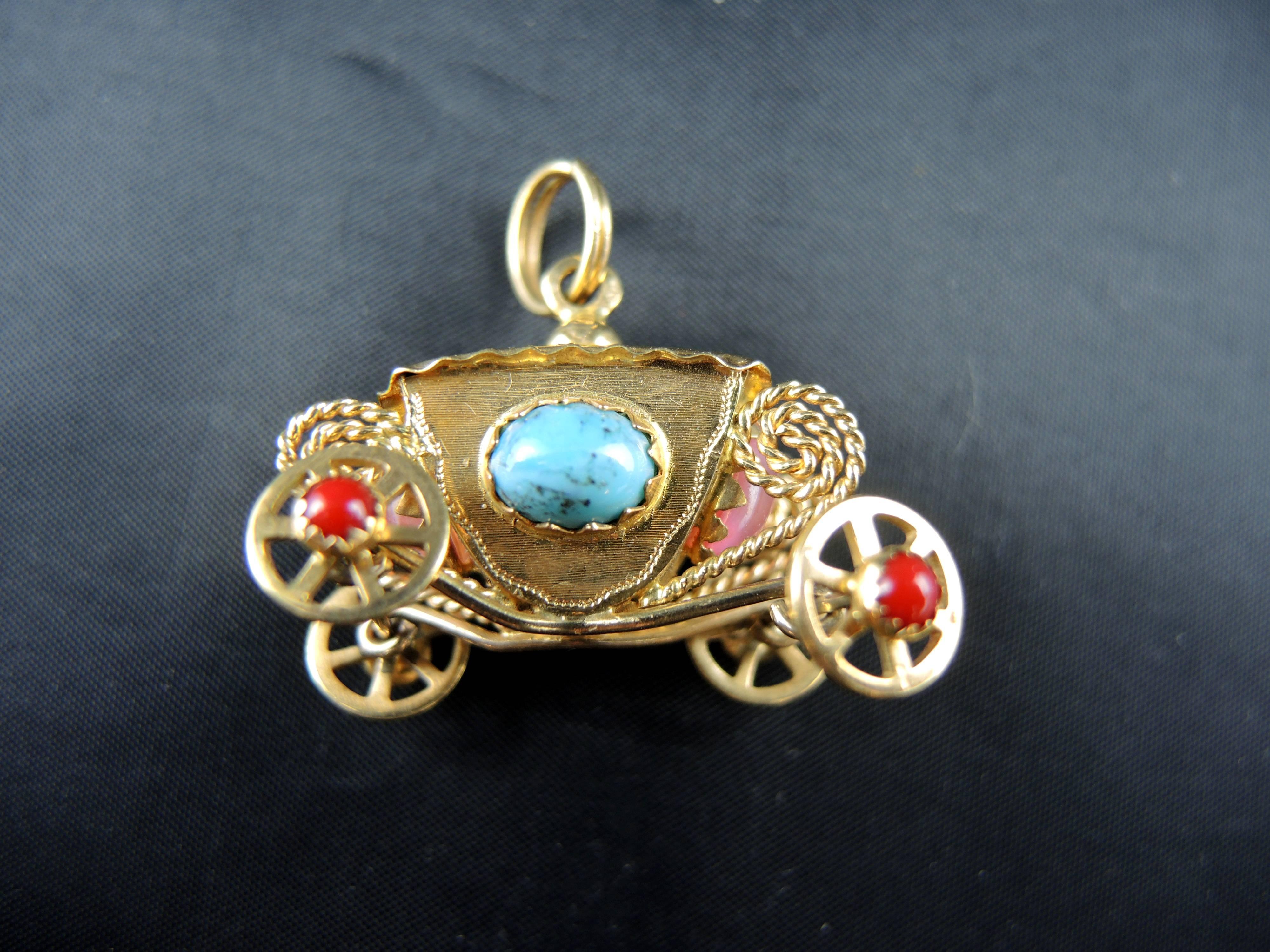 Retro Vintage Rolling Coach Pendant with Colored Stones, circa 1970 For Sale