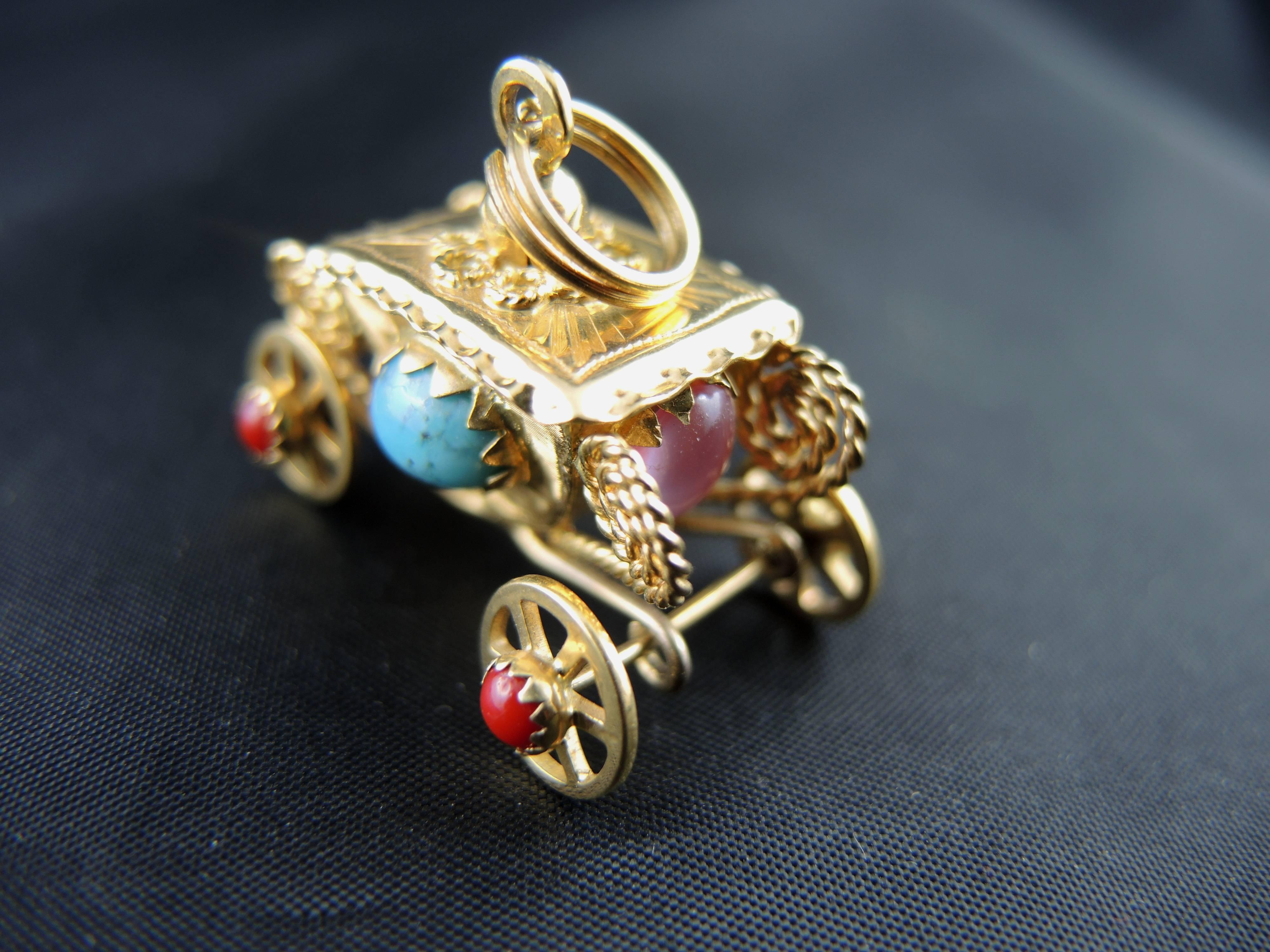 Women's or Men's Vintage Rolling Coach Pendant with Colored Stones, circa 1970 For Sale