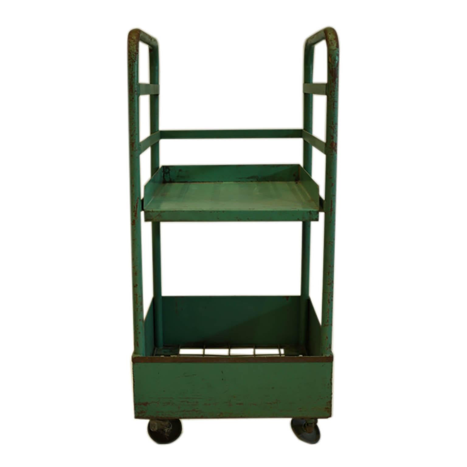 Painted Vintage Rolling Factory Cart with Removable Tray, circa 1940s
