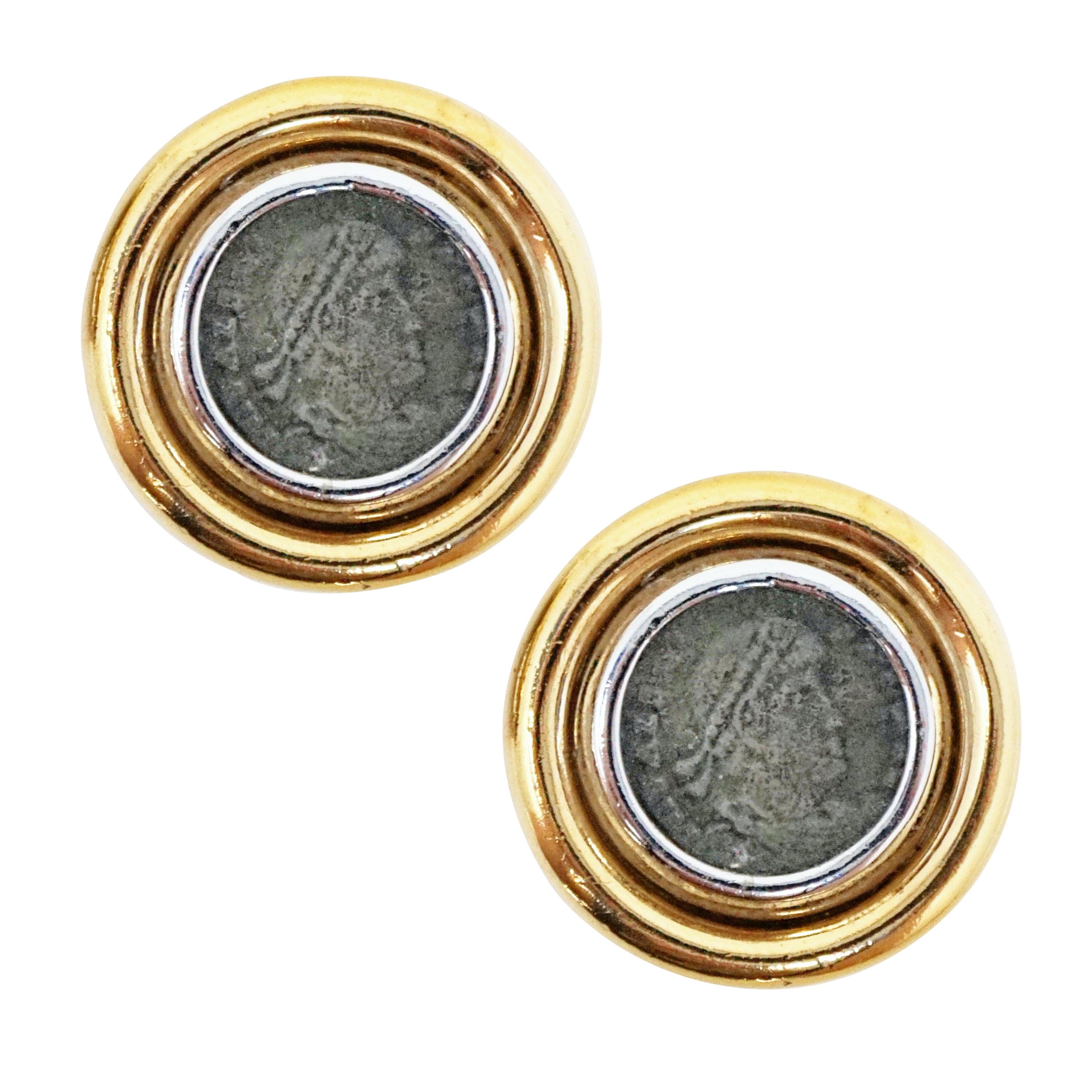 Vintage Roman Coin Gilt Button Earrings by Ciner