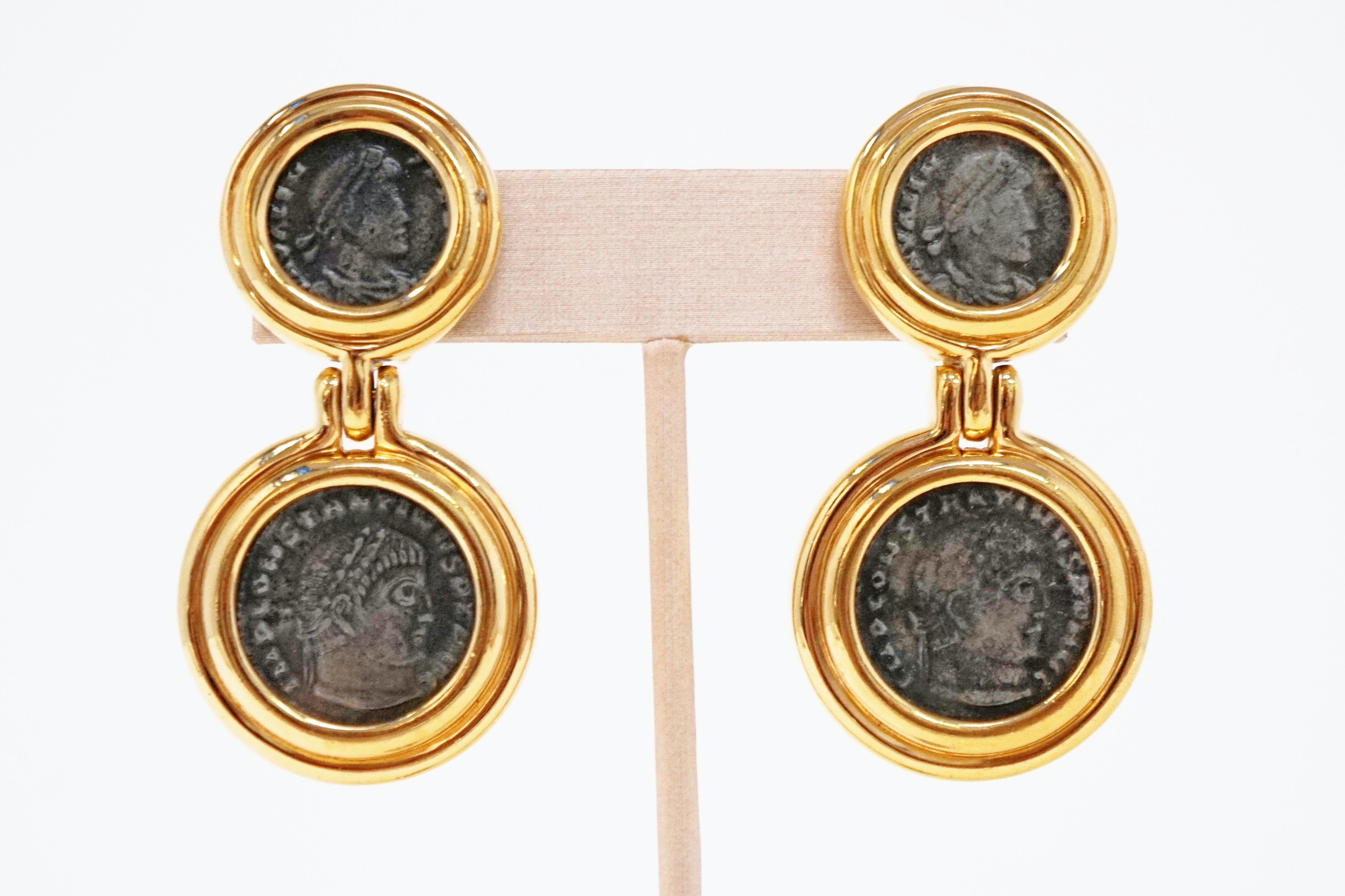 Vintage Roman Coin Gilt Statement Drop Earrings by Ciner 5