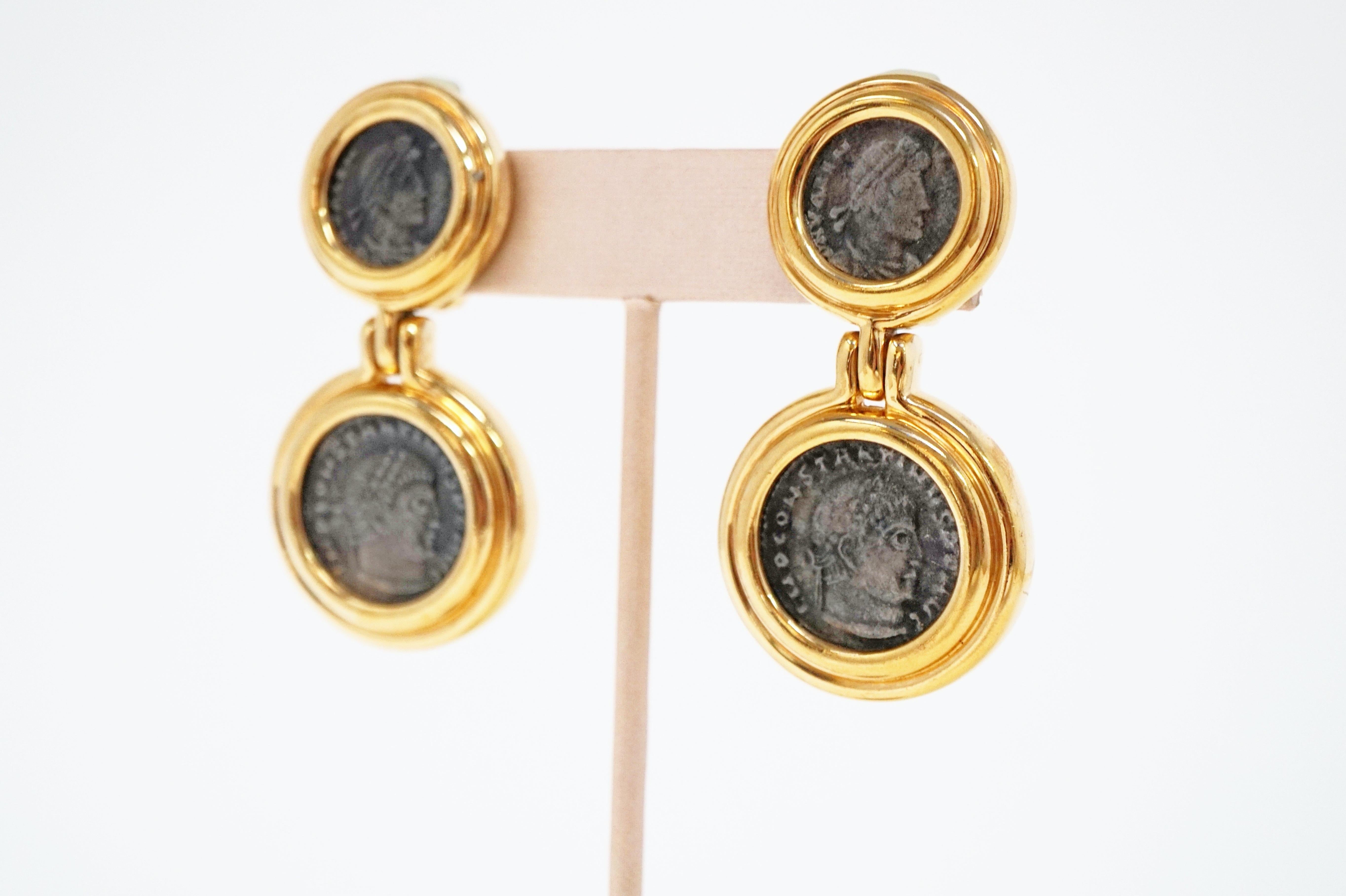 Vintage Roman Coin Gilt Statement Drop Earrings by Ciner 6
