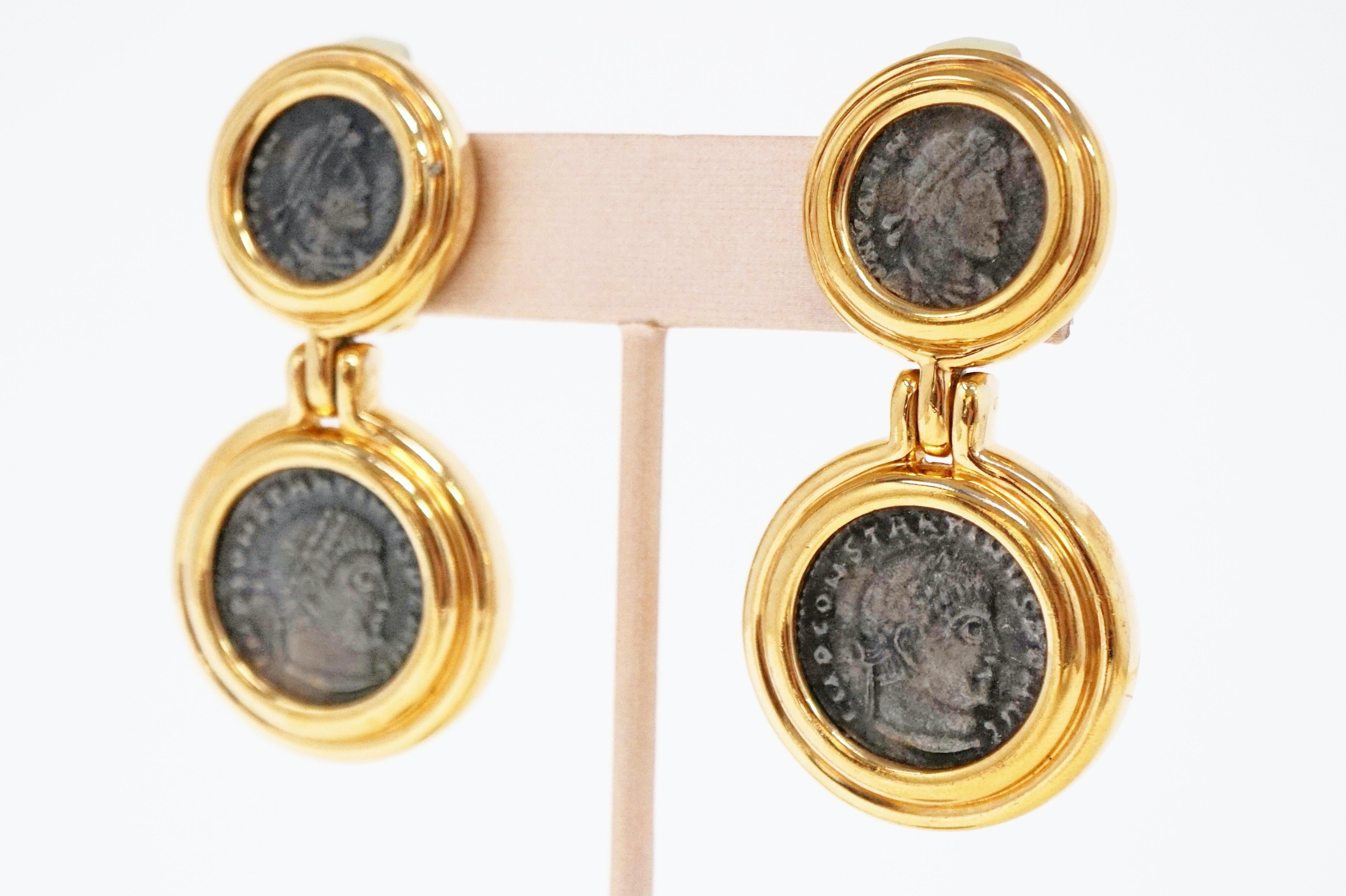 Vintage Roman Coin Gilt Statement Drop Earrings by Ciner 7